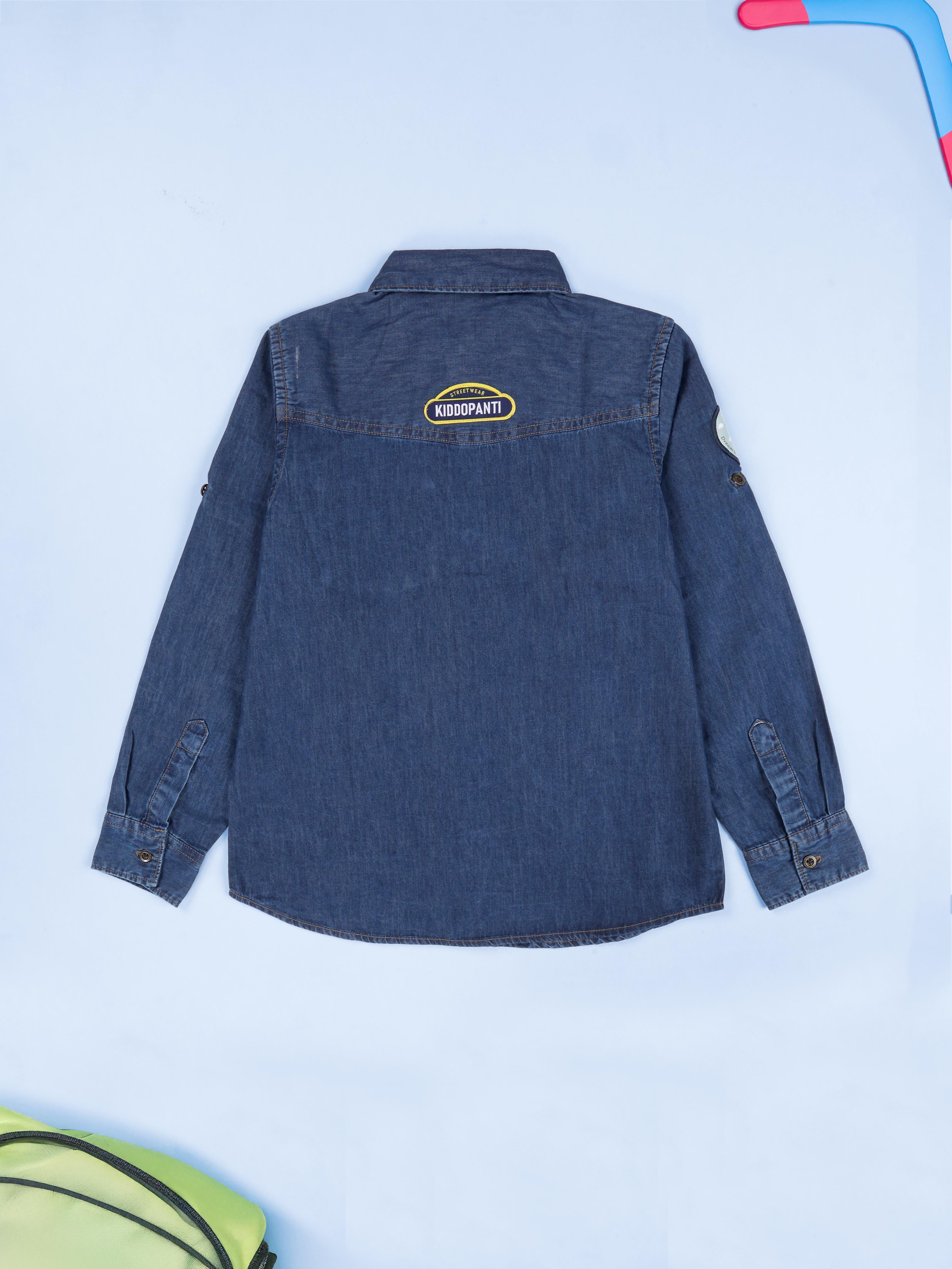 Kiddopanti Boys Full Sleeve Multi Badge And Printed Denim Shirt With Pocket
