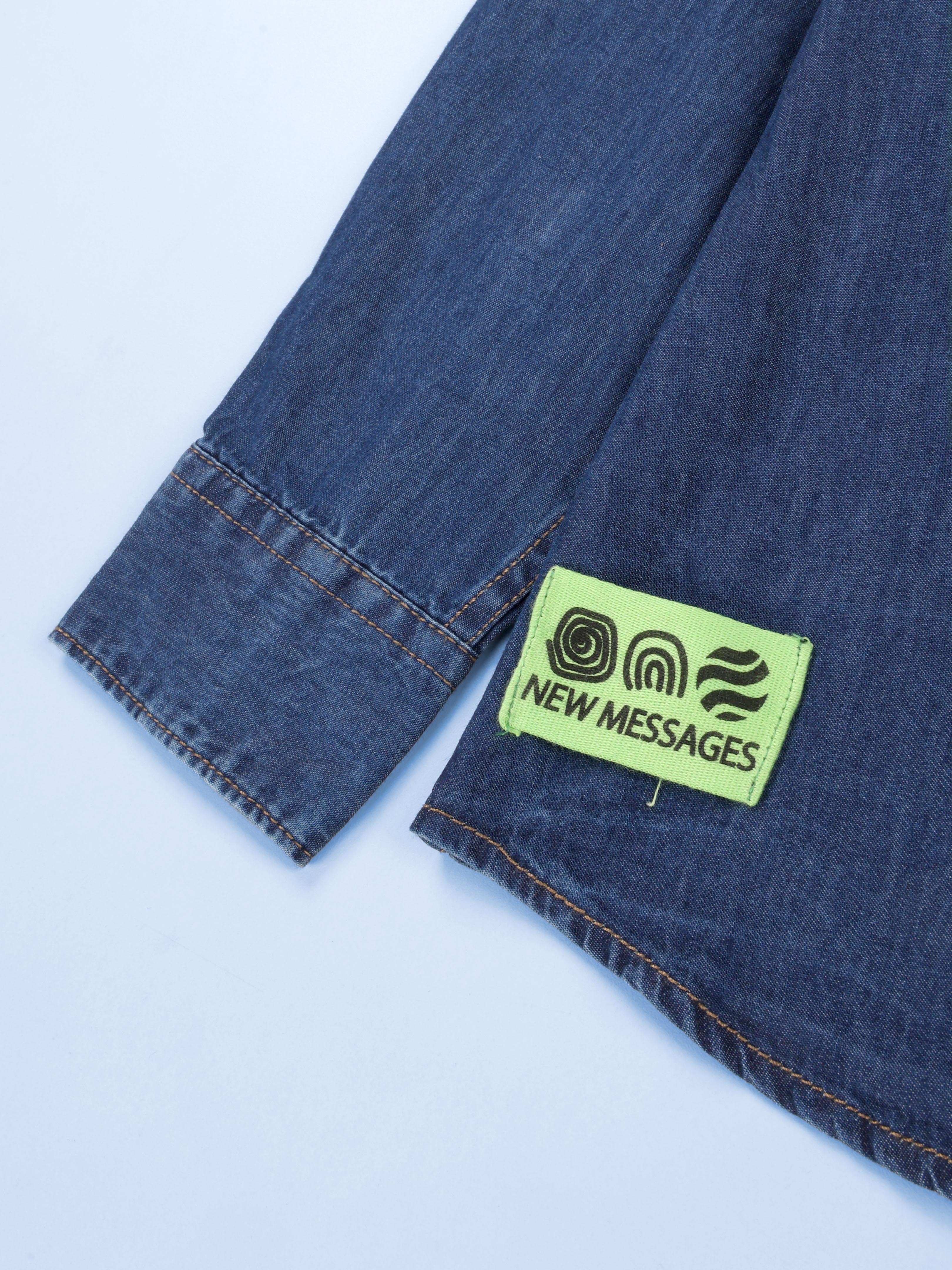 Kiddopanti Boys Full Sleeve Multi Badge And Printed Denim Shirt With Pocket