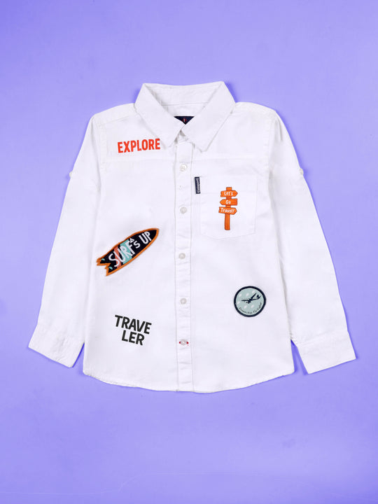 Boys Full Sleeve Cotton Shirt With Pocket With Themed Prints and Badges