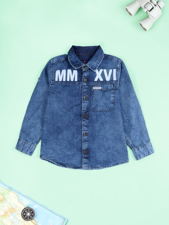 KiddoPanti Boys Cotton Full Sleeve MMXVI Printed Single Patch Pocket Denim Shirt