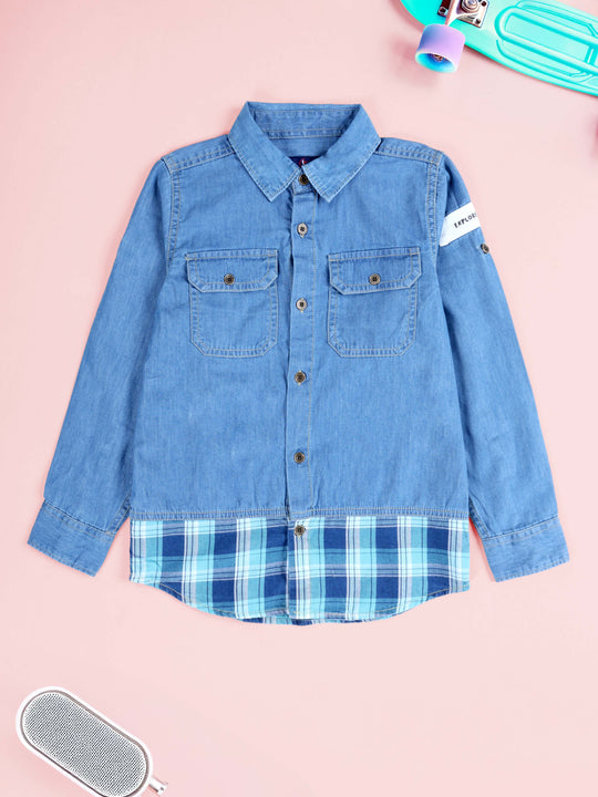 KiddoPanti Boys Cotton Full Sleeves Contrast Check Fabric With Explorer Printed Denim Shirt