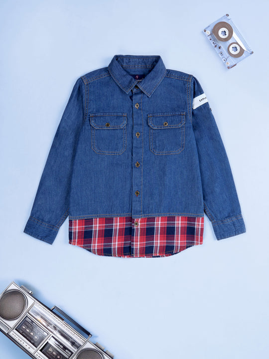 KiddoPanti Boys Cotton Full Sleeves Contrast Check Fabric With Explorer Printed Denim Shirt
