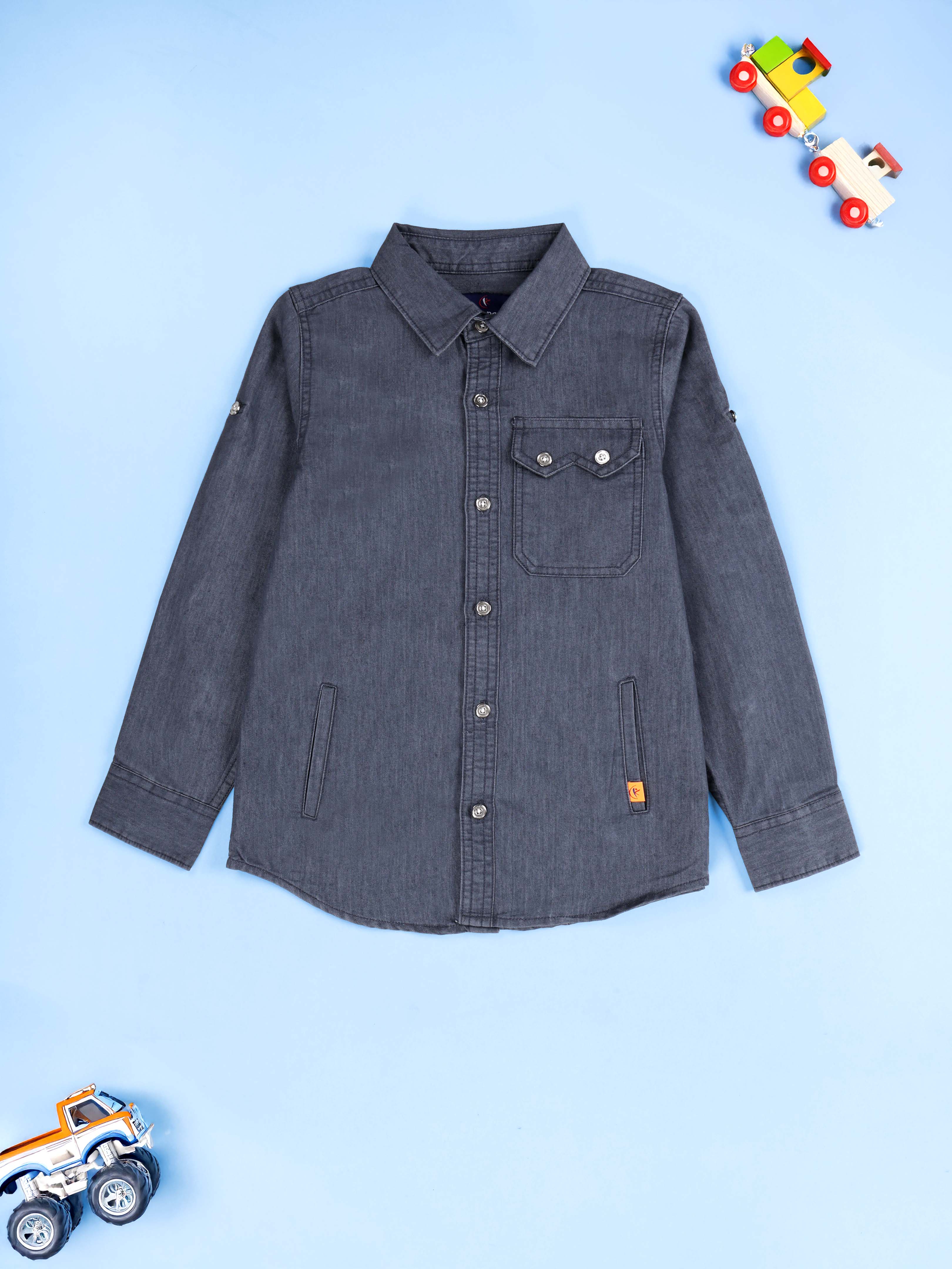KiddoPanti Boys Cotton Full Sleeve Double Welt Pocket Denim Shirt