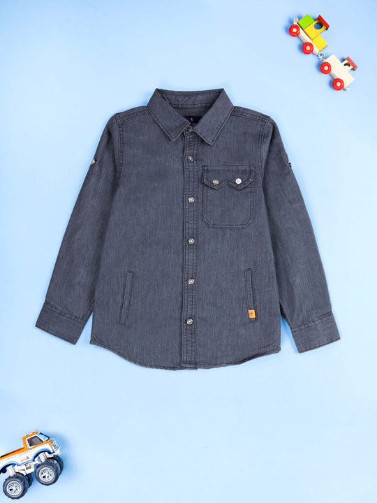 KiddoPanti Boys Cotton Full Sleeve Double Welt Pocket Denim Shirt