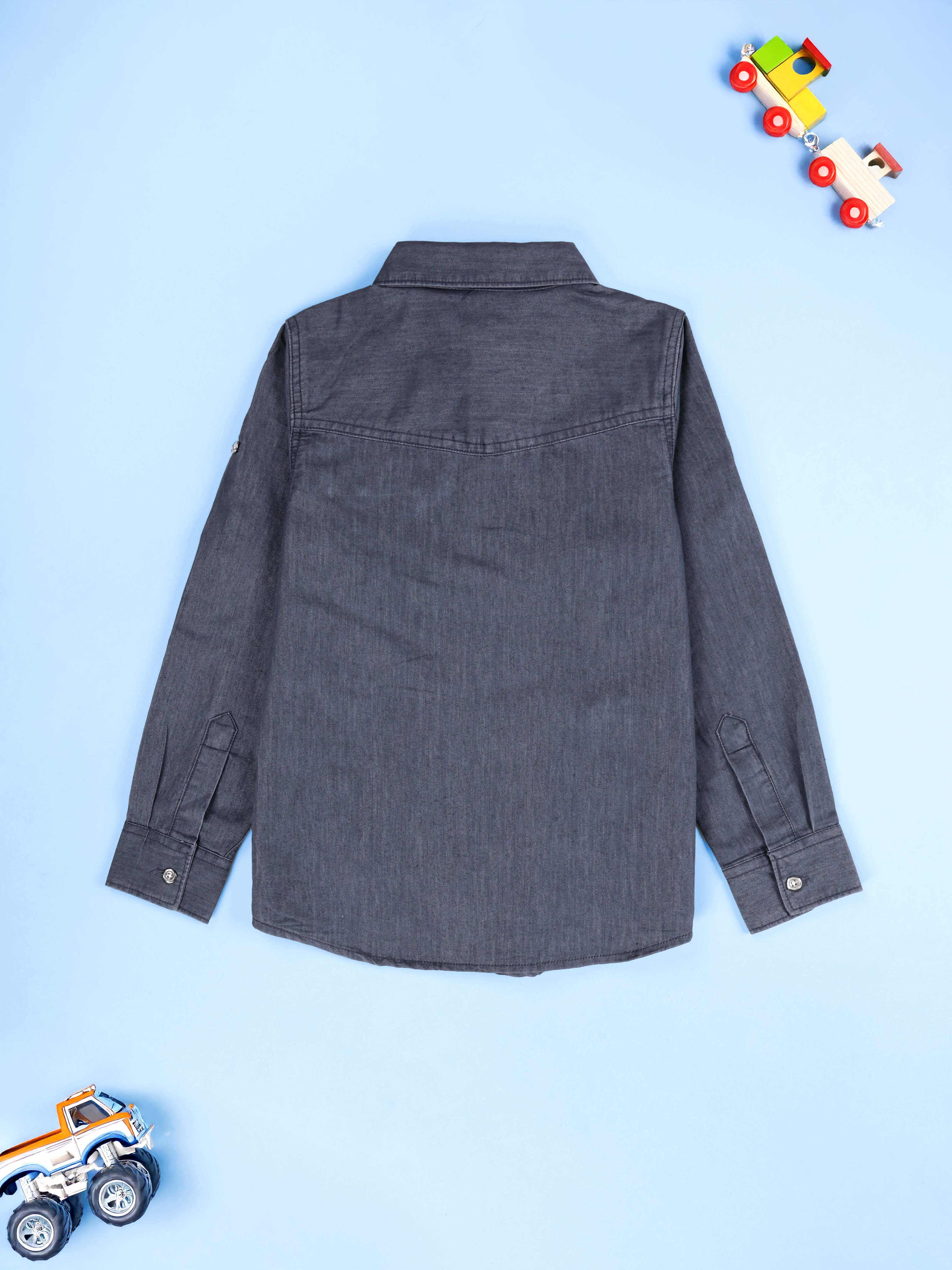 KiddoPanti Boys Cotton Full Sleeve Double Welt Pocket Denim Shirt