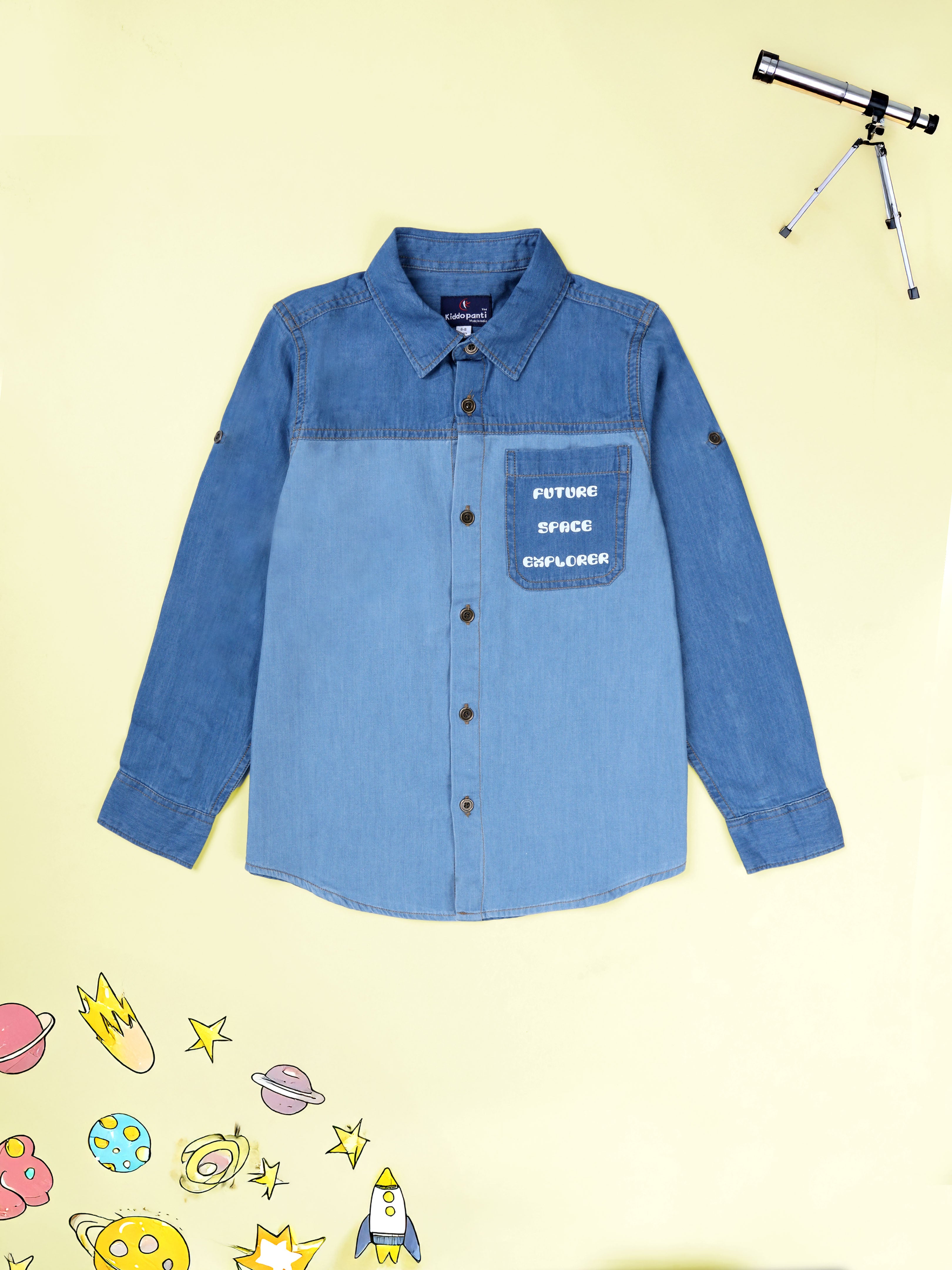 Kiddopanti Boys Full Sleeve Future Space Explorer Printed Single Patch Pocket Denim Shirt