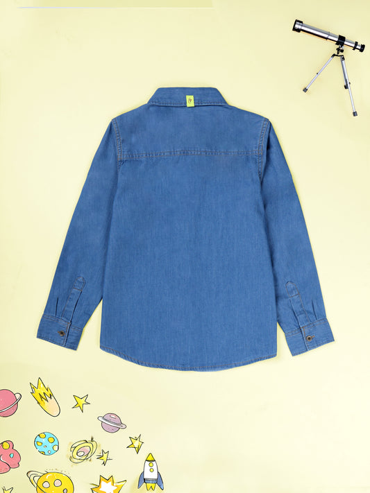 Kiddopanti Boys Full Sleeve Future Space Explorer Printed Single Patch Pocket Denim Shirt