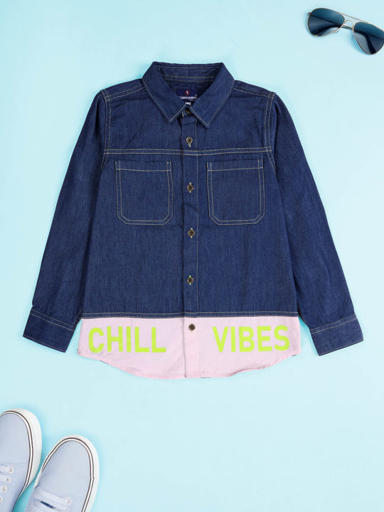 KiddoPanti Boys Cotton Full Sleeves White Panel & Chill Vibes Printed Shirt