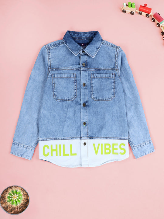 KiddoPanti Boys Cotton Full Sleeves White Panel & Chill Vibes Printed Shirt