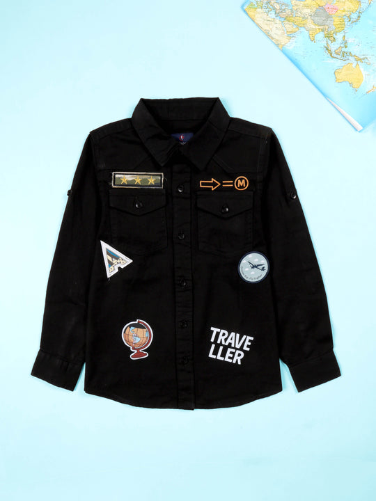 Boys Full Sleeve Cotton Shirt With Double Flap Pocket With Themed Badges and Prints