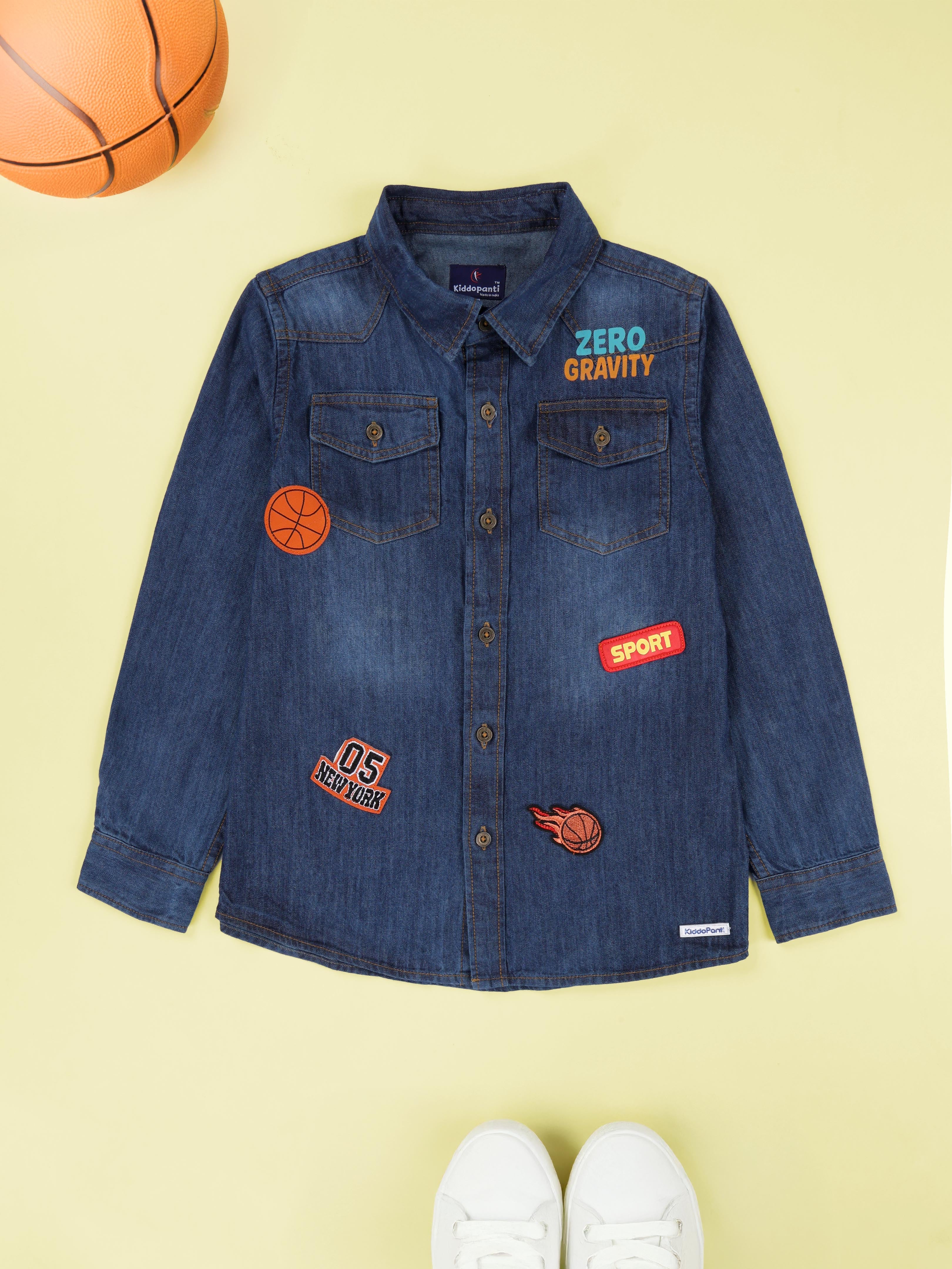 Kiddopanti Boys Double Pocket Denim Shirt With Multi Badge