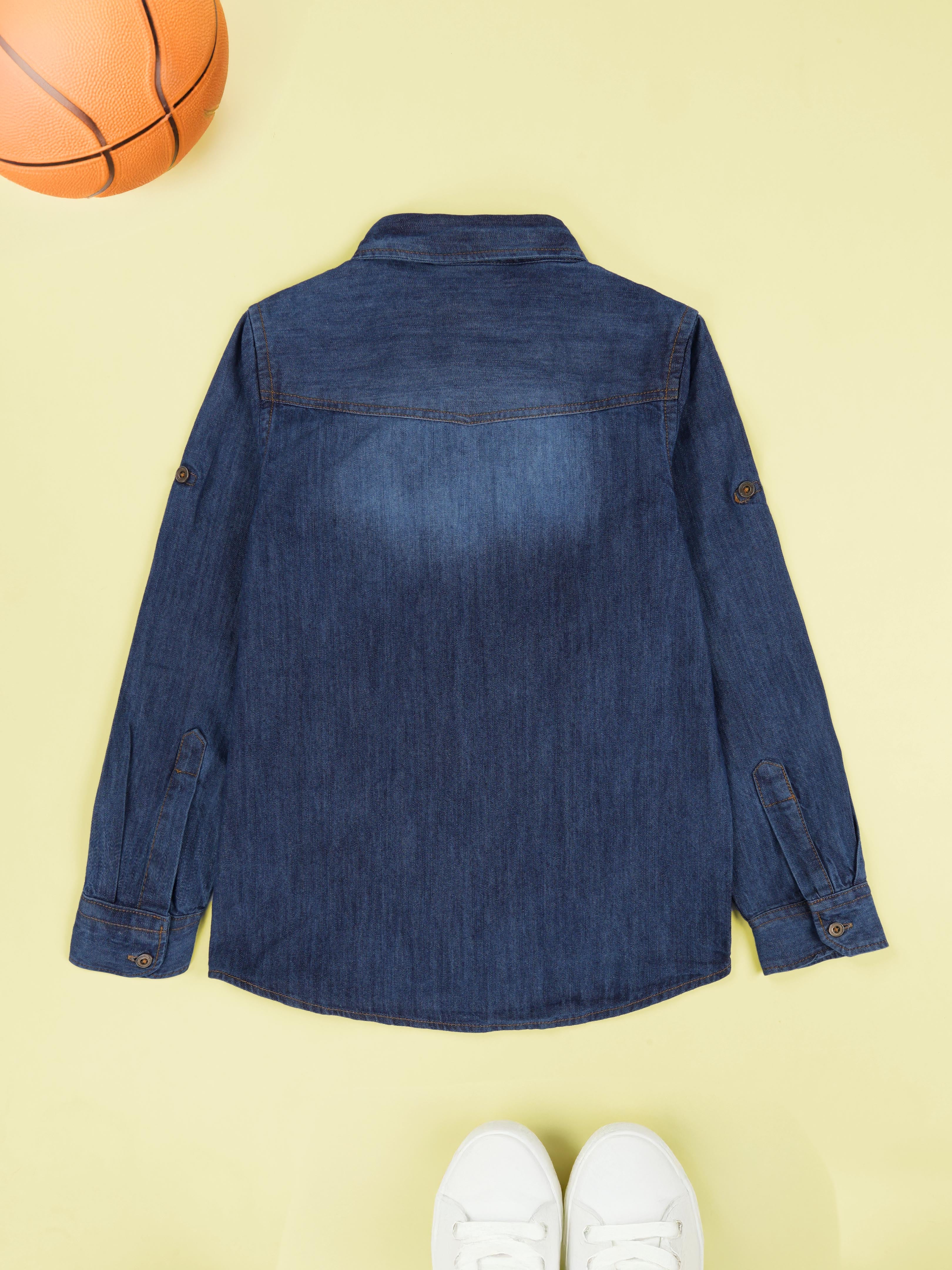 Kiddopanti Boys Double Pocket Denim Shirt With Multi Badge