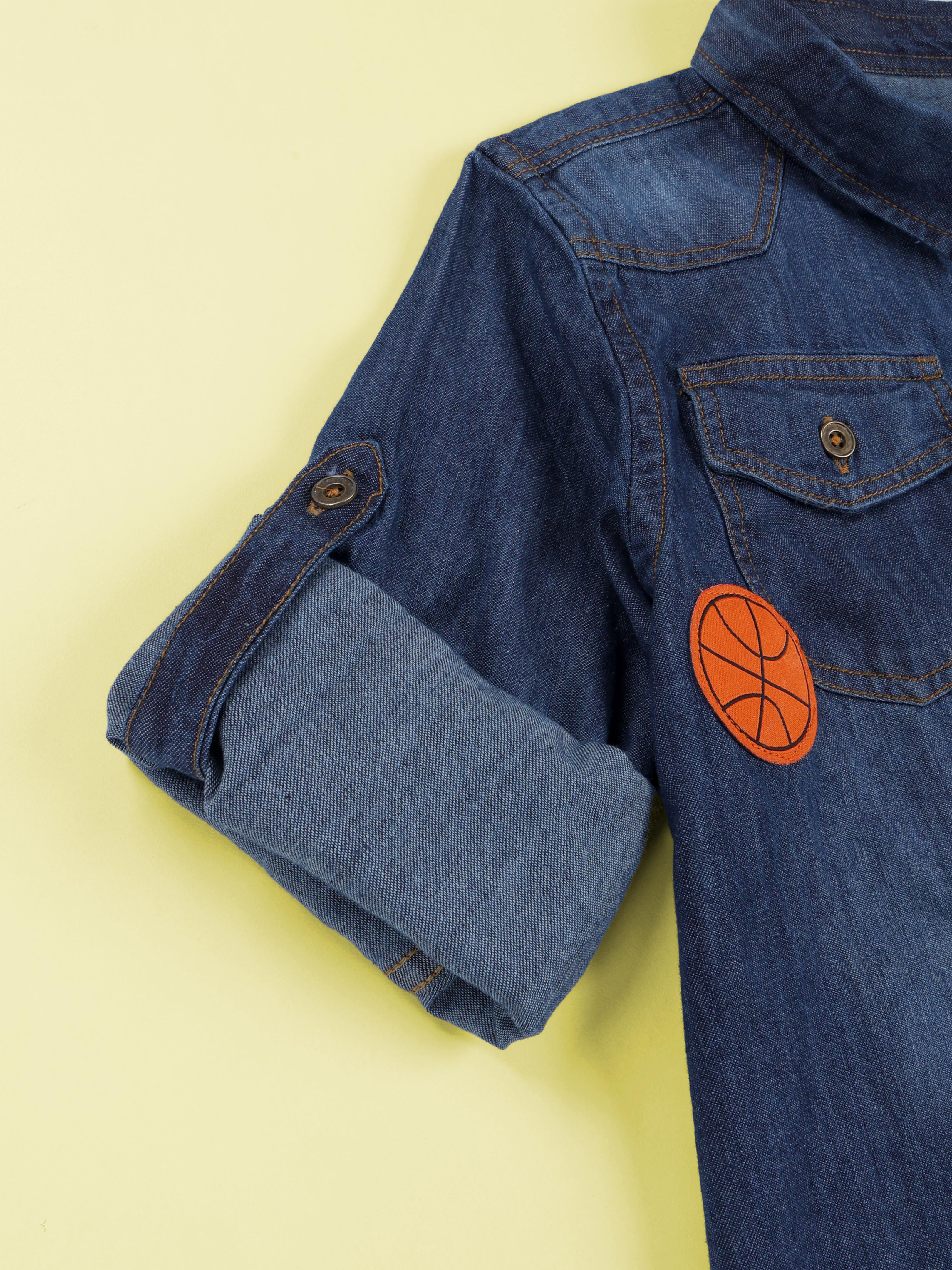 Kiddopanti Boys Double Pocket Denim Shirt With Multi Badge