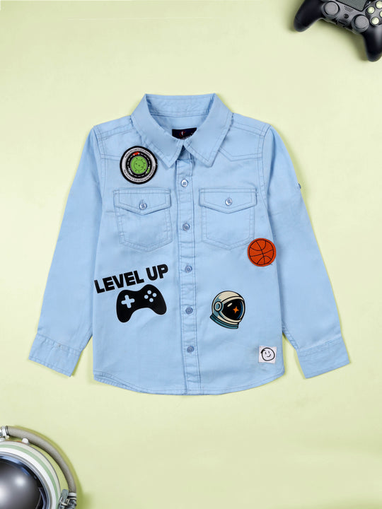 Boys Full Sleeve Cotton Shirt With Double Flap Pocket With Themed Badges and Prints