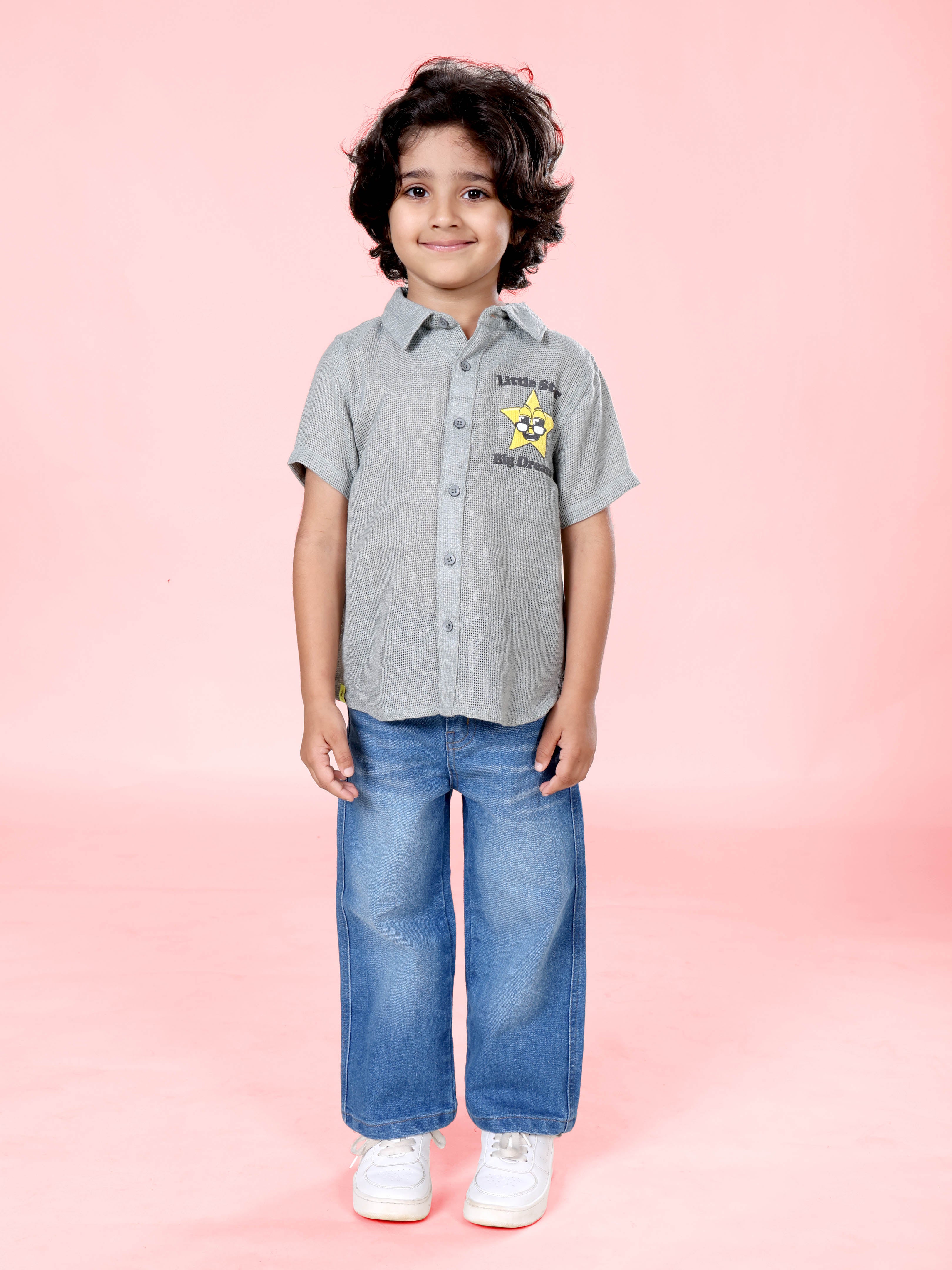 Boys Cotton Woven Half Sleeves Textured With Star Puff Printed Shirt With Denim Woven Straight Fit Jeans Set
