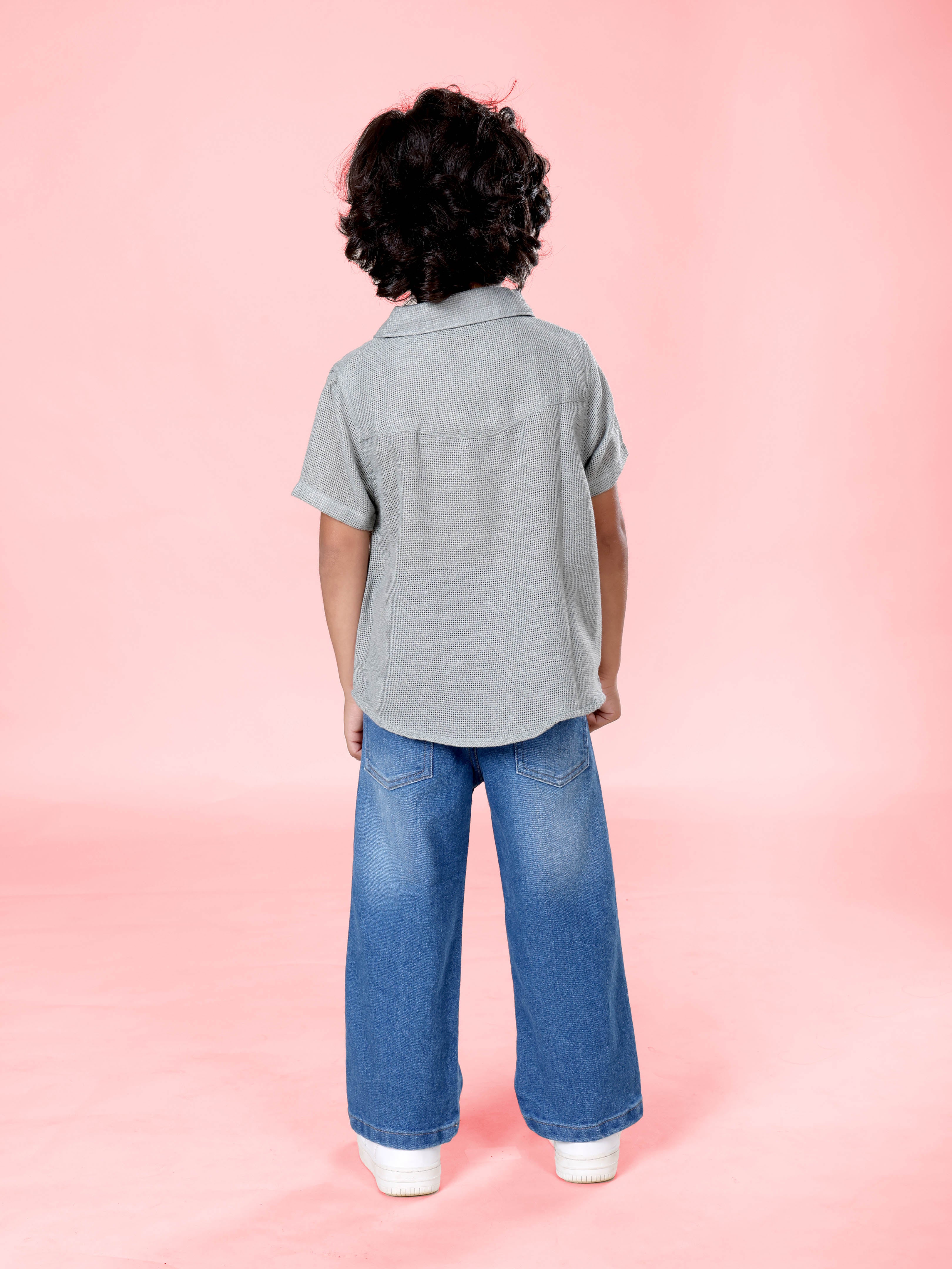 Boys Cotton Woven Half Sleeves Textured With Star Puff Printed Shirt With Denim Woven Straight Fit Jeans Set