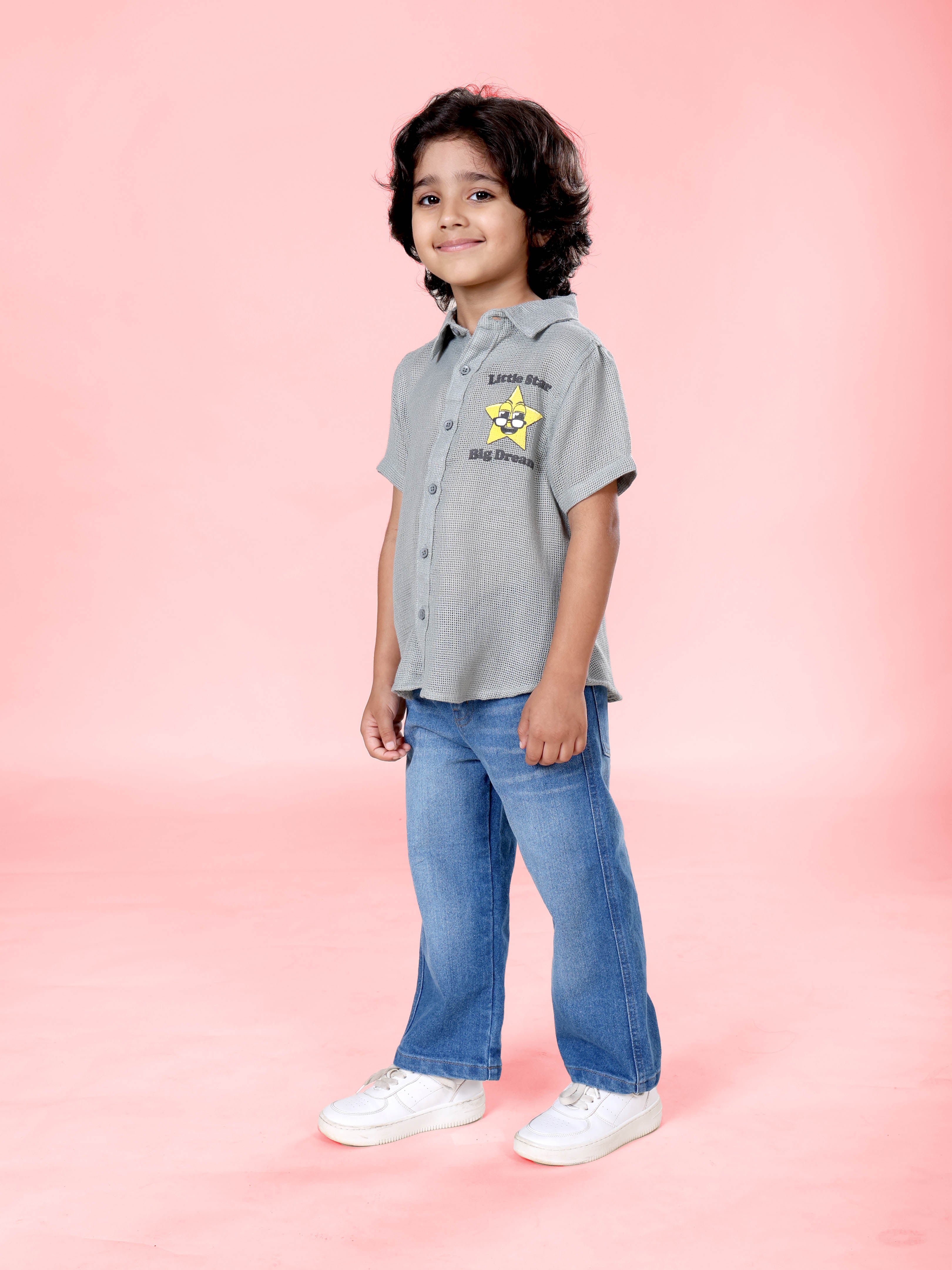 Boys Cotton Woven Half Sleeves Textured With Star Puff Printed Shirt With Denim Woven Straight Fit Jeans Set
