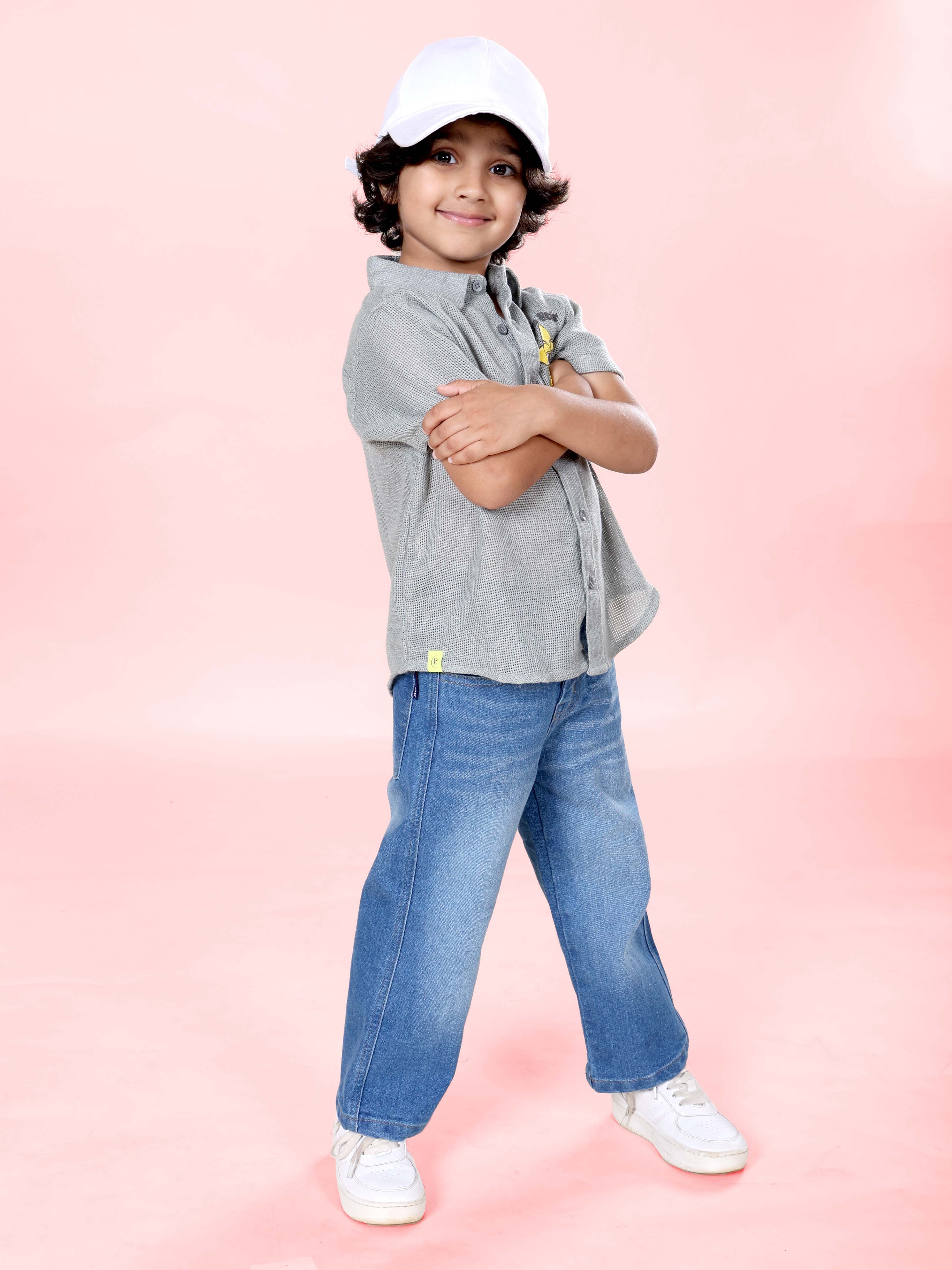 Boys Cotton Woven Half Sleeves Textured With Star Puff Printed Shirt With Denim Woven Straight Fit Jeans Set