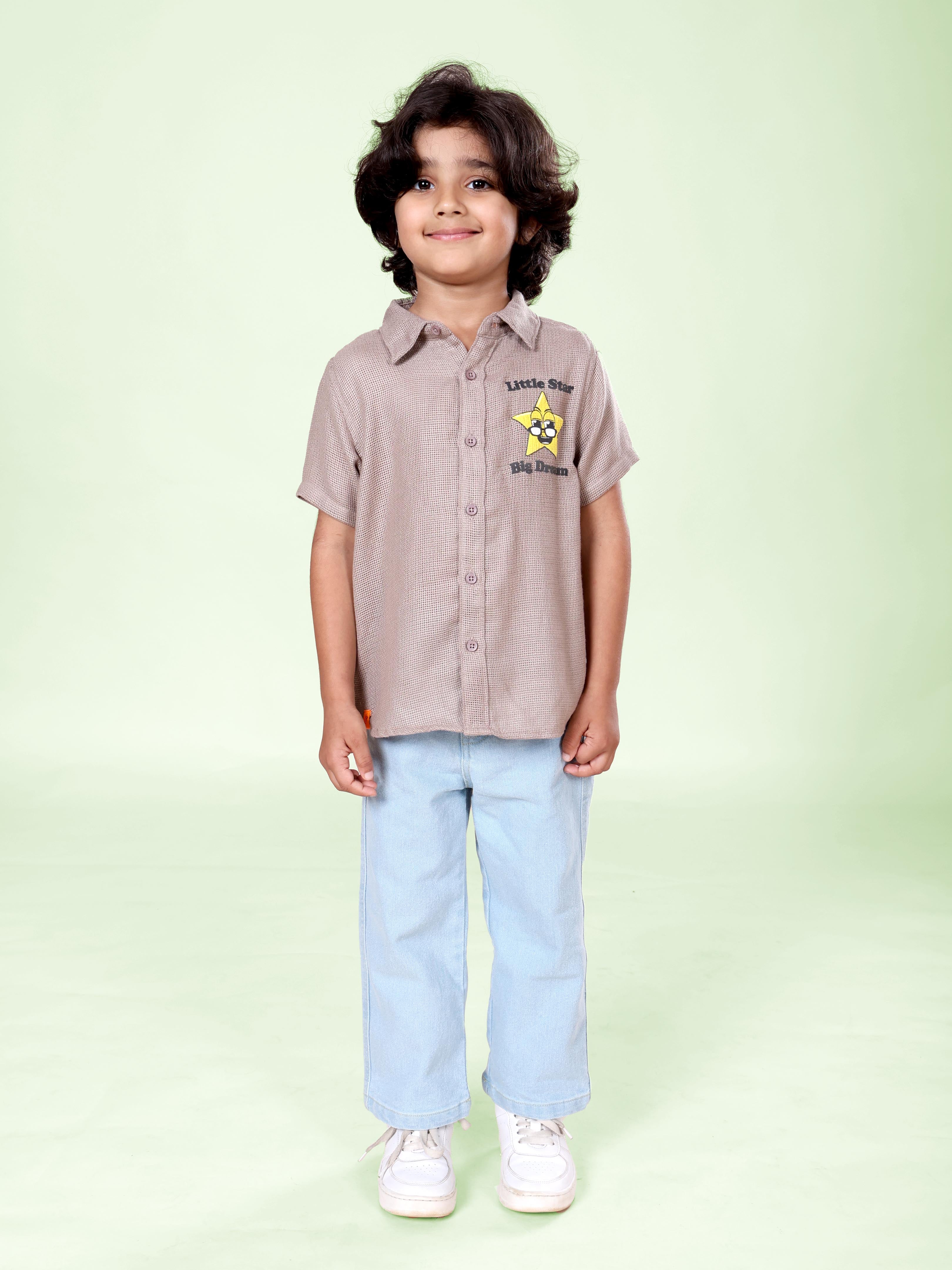 Boys Cotton Woven Half Sleeves Textured With Star Puff Printed Shirt With Denim Woven Straight Fit Jeans Set