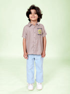 Boys Cotton Woven Half Sleeves Textured With Star Puff Printed Shirt With Denim Woven Straight Fit Jeans Set