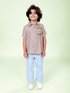 Boys Cotton Woven Half Sleeves Textured With Star Puff Printed Shirt With Denim Woven Straight Fit Jeans Set - Sand & Ice Wash / 2-3Y