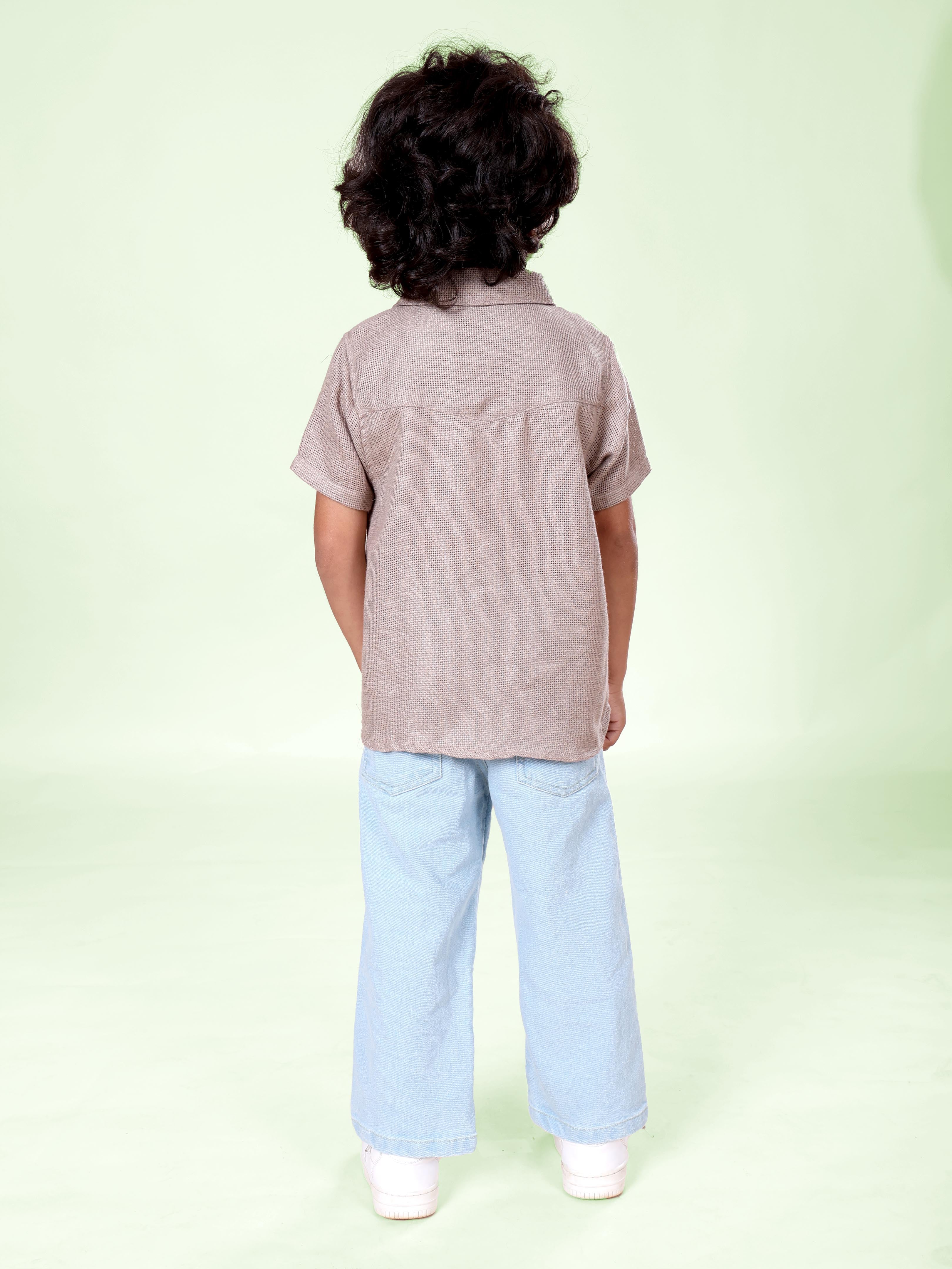 Boys Cotton Woven Half Sleeves Textured With Star Puff Printed Shirt With Denim Woven Straight Fit Jeans Set