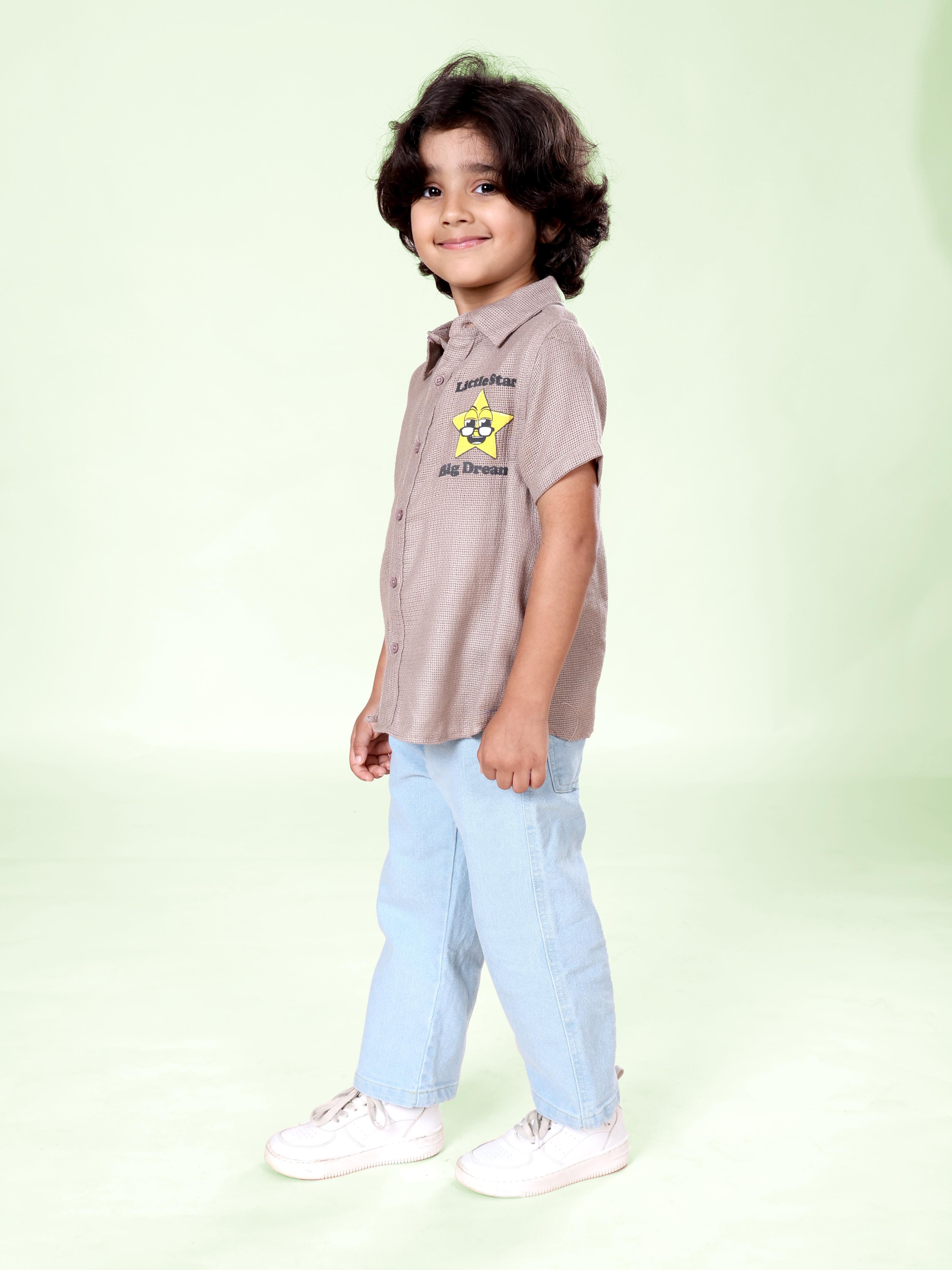 Boys Cotton Woven Half Sleeves Textured With Star Puff Printed Shirt With Denim Woven Straight Fit Jeans Set