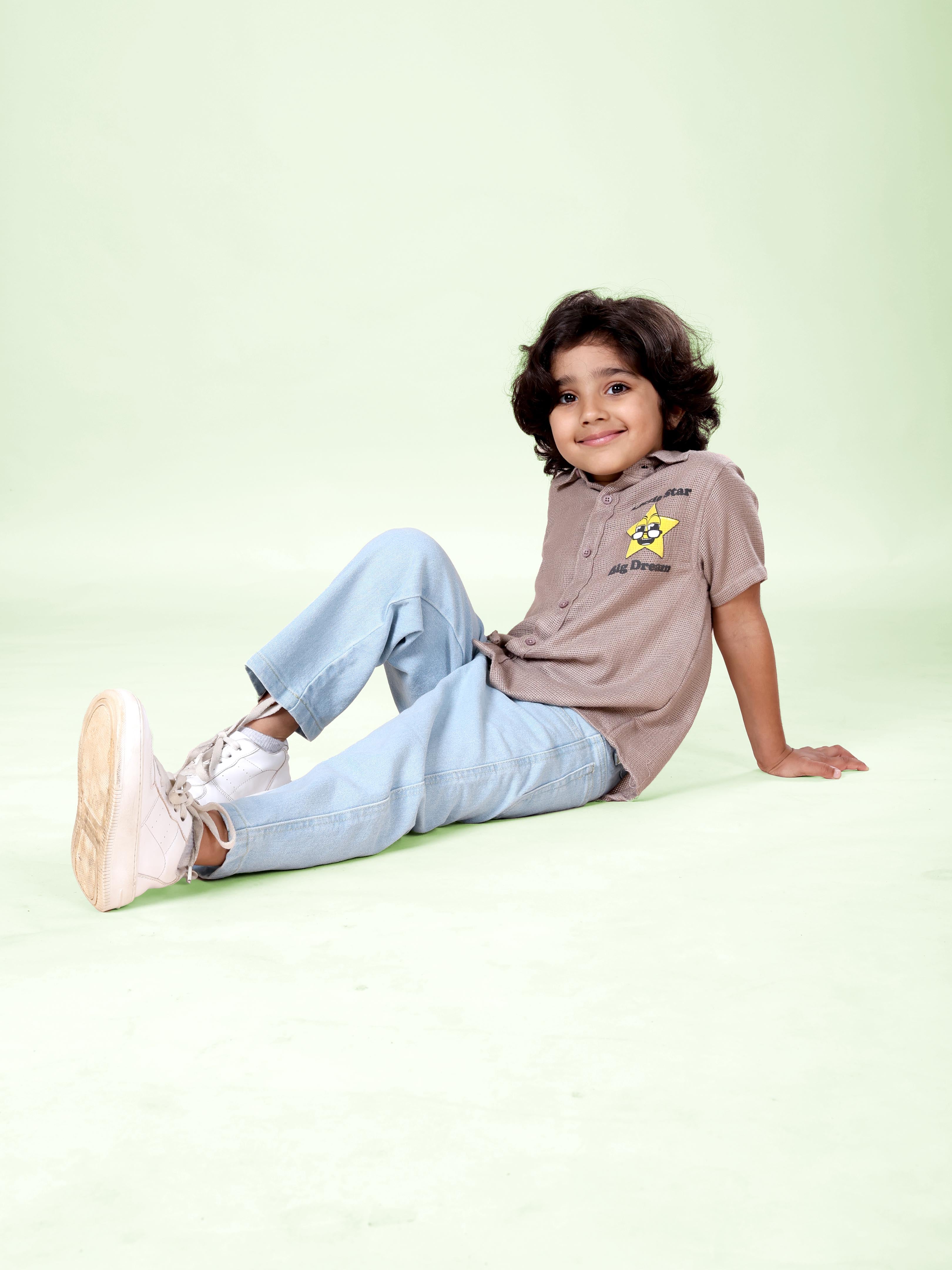 Boys Cotton Woven Half Sleeves Textured With Star Puff Printed Shirt With Denim Woven Straight Fit Jeans Set
