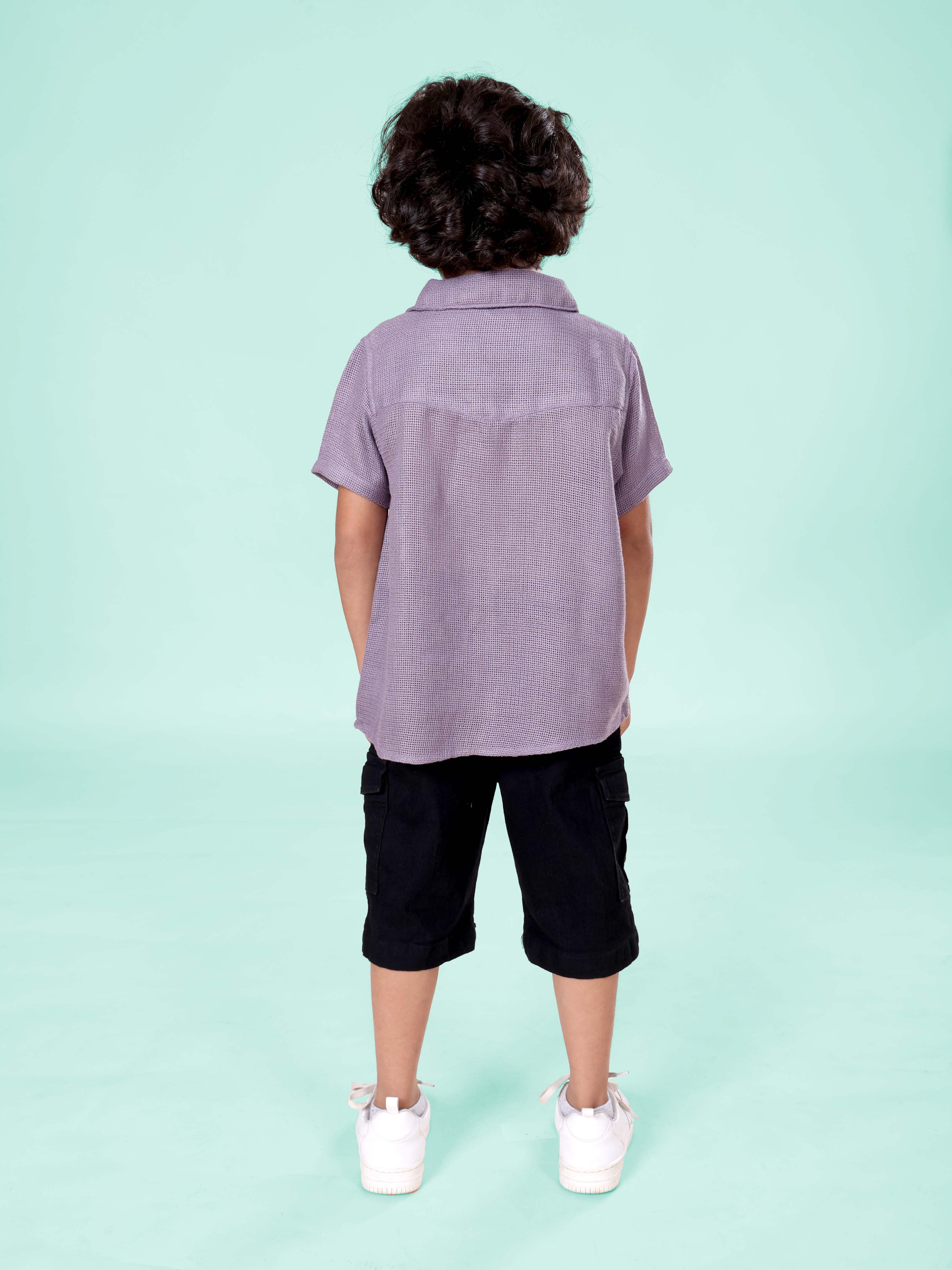 Boys Cotton Woven Half Sleeves Textured With Star Puff Printed Shirt With Denim Woven Cargo Shorts Set