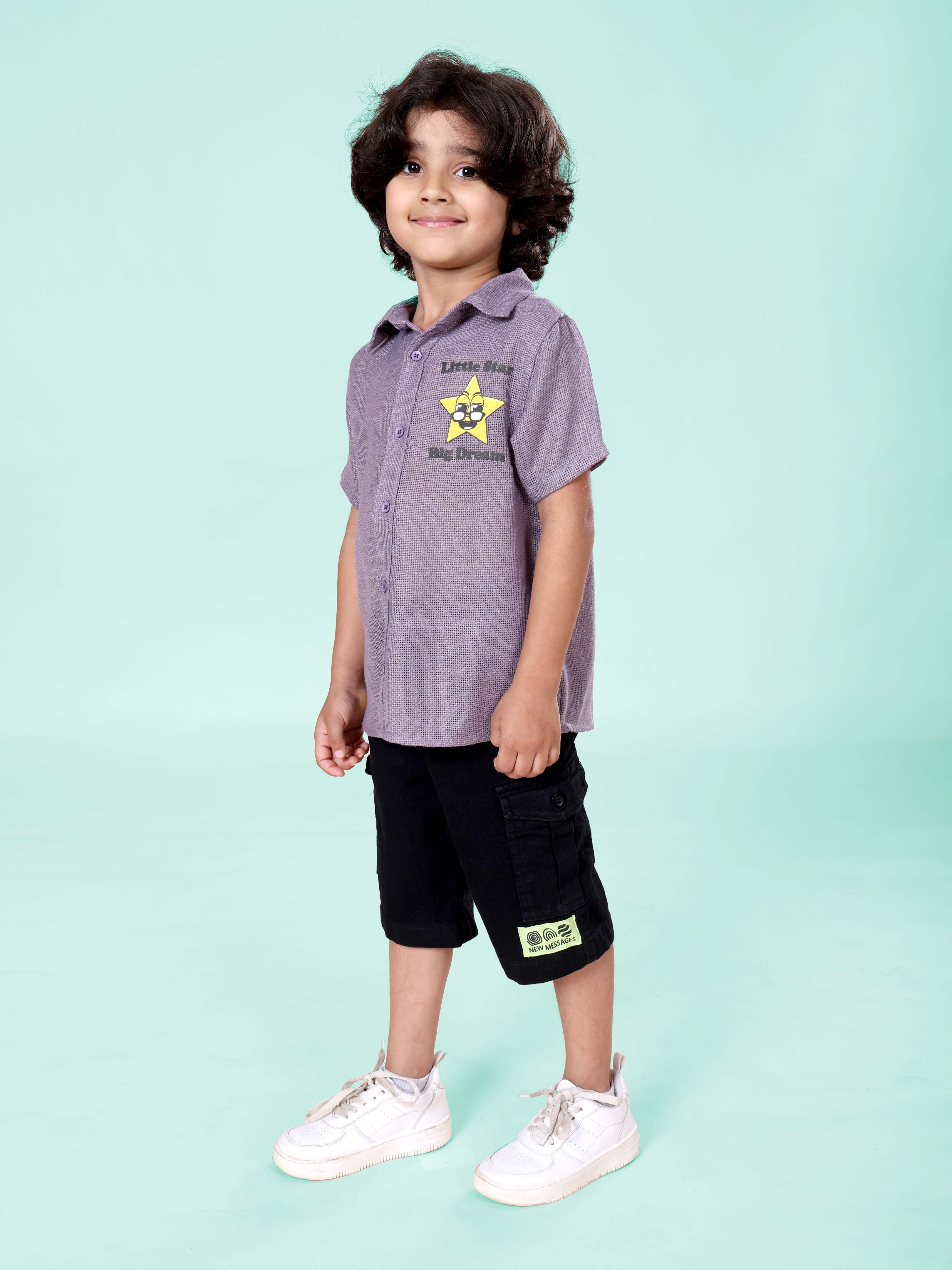 Boys Cotton Woven Half Sleeves Textured With Star Puff Printed Shirt With Denim Woven Cargo Shorts Set