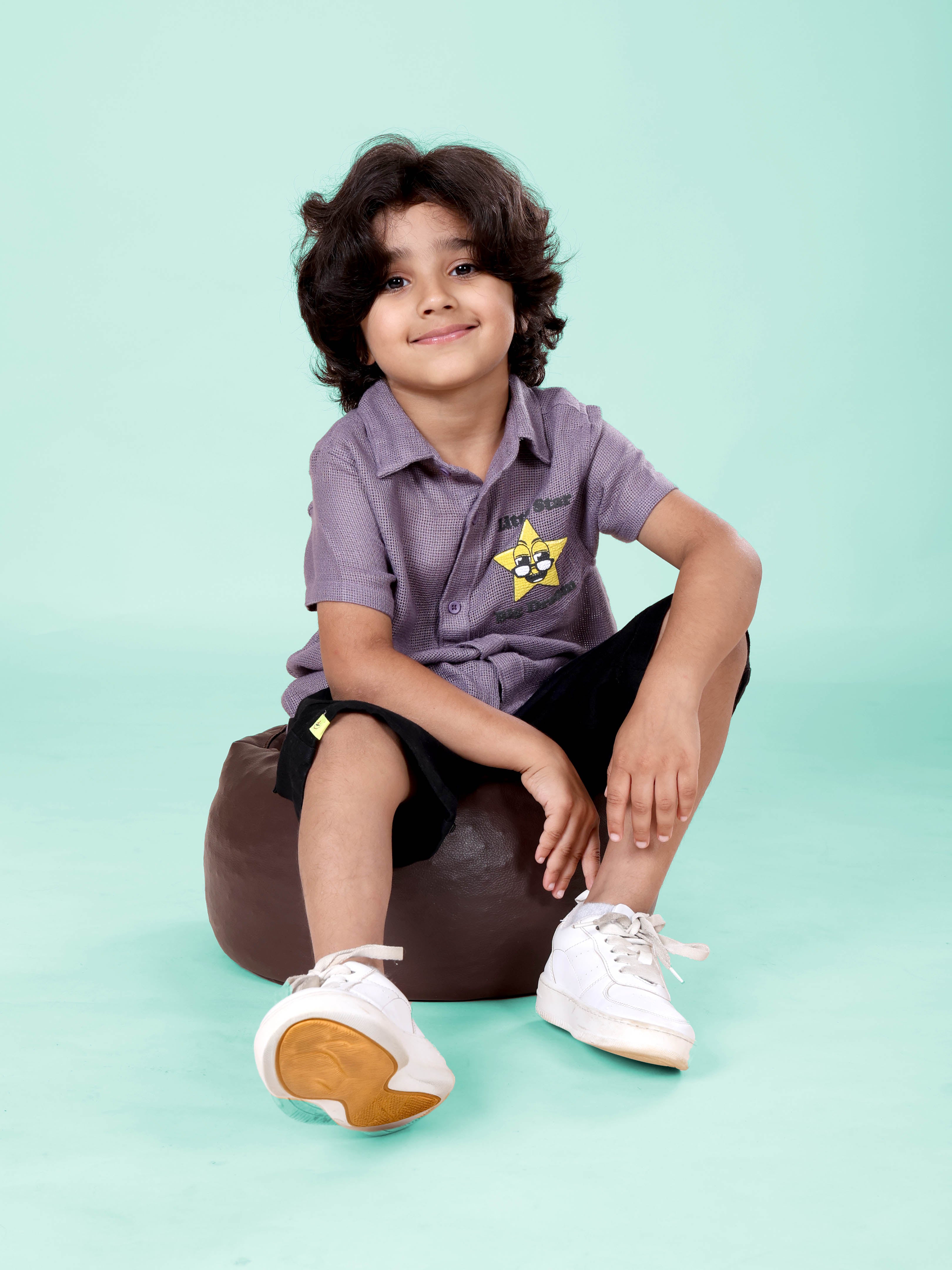 Boys Cotton Woven Half Sleeves Textured With Star Puff Printed Shirt With Denim Woven Cargo Shorts Set