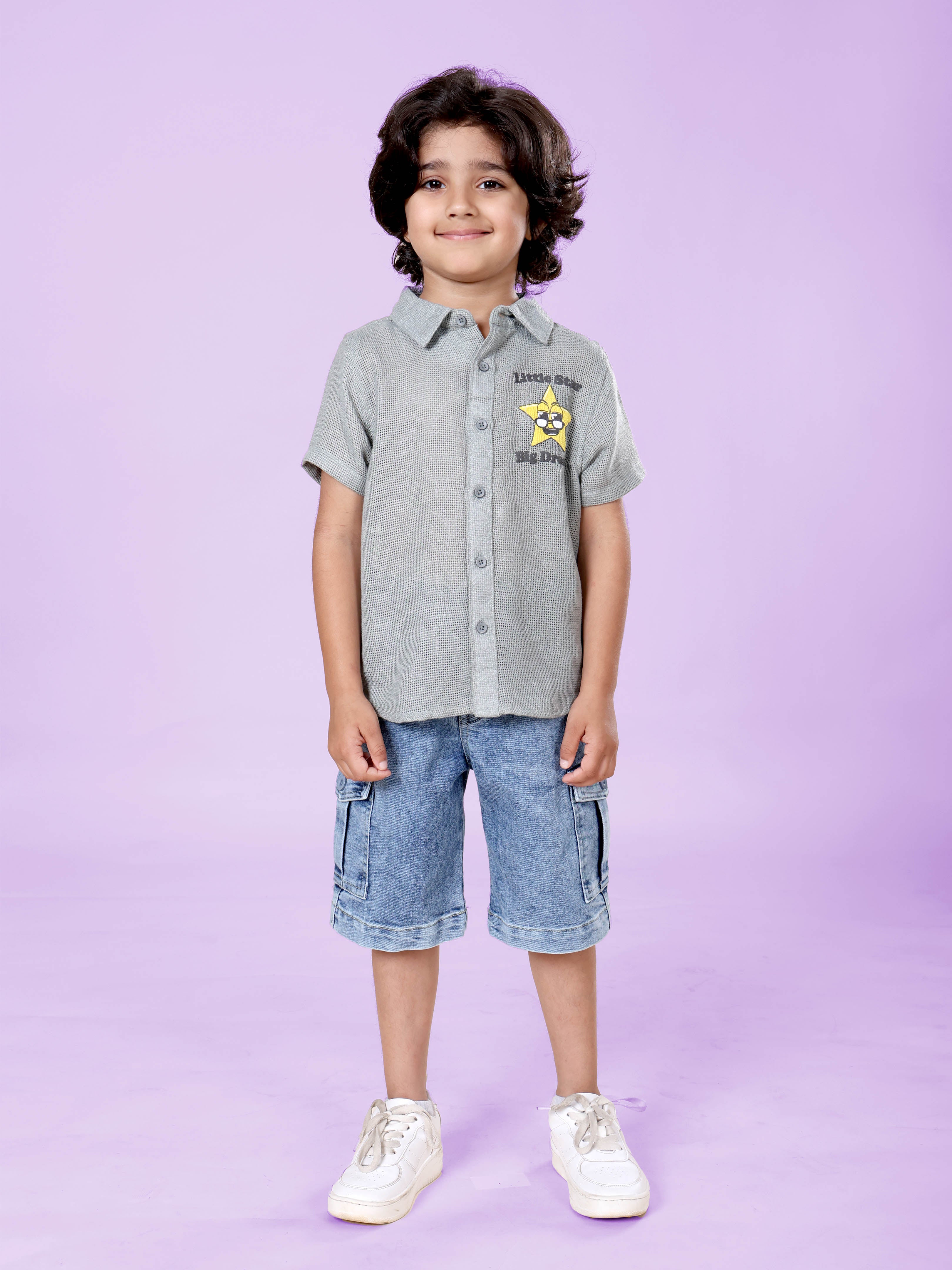 Boys Cotton Woven Half Sleeves Textured With Star Puff Printed Shirt With Denim Woven Cargo Shorts Set