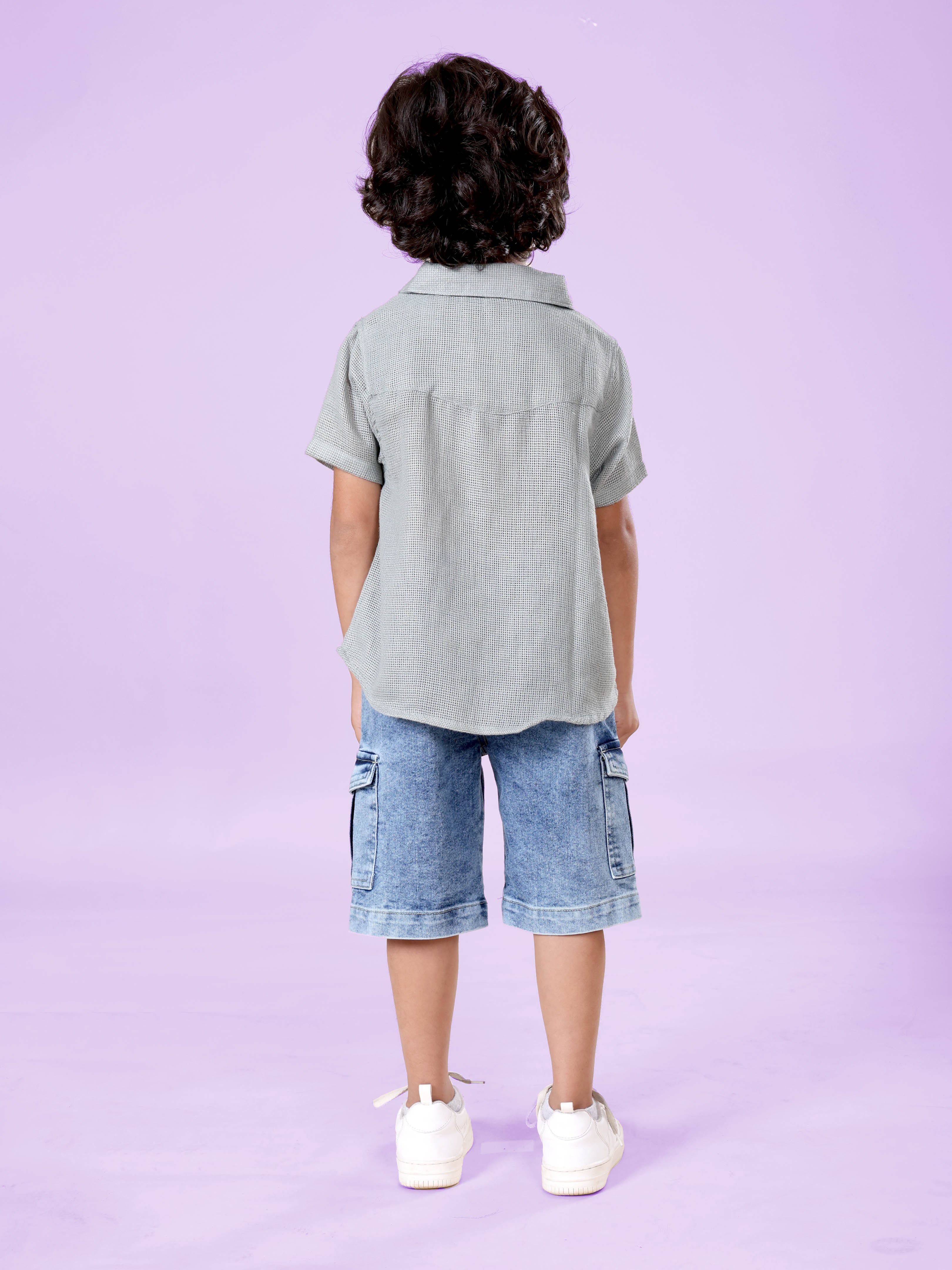 Boys Cotton Woven Half Sleeves Textured With Star Puff Printed Shirt With Denim Woven Cargo Shorts Set
