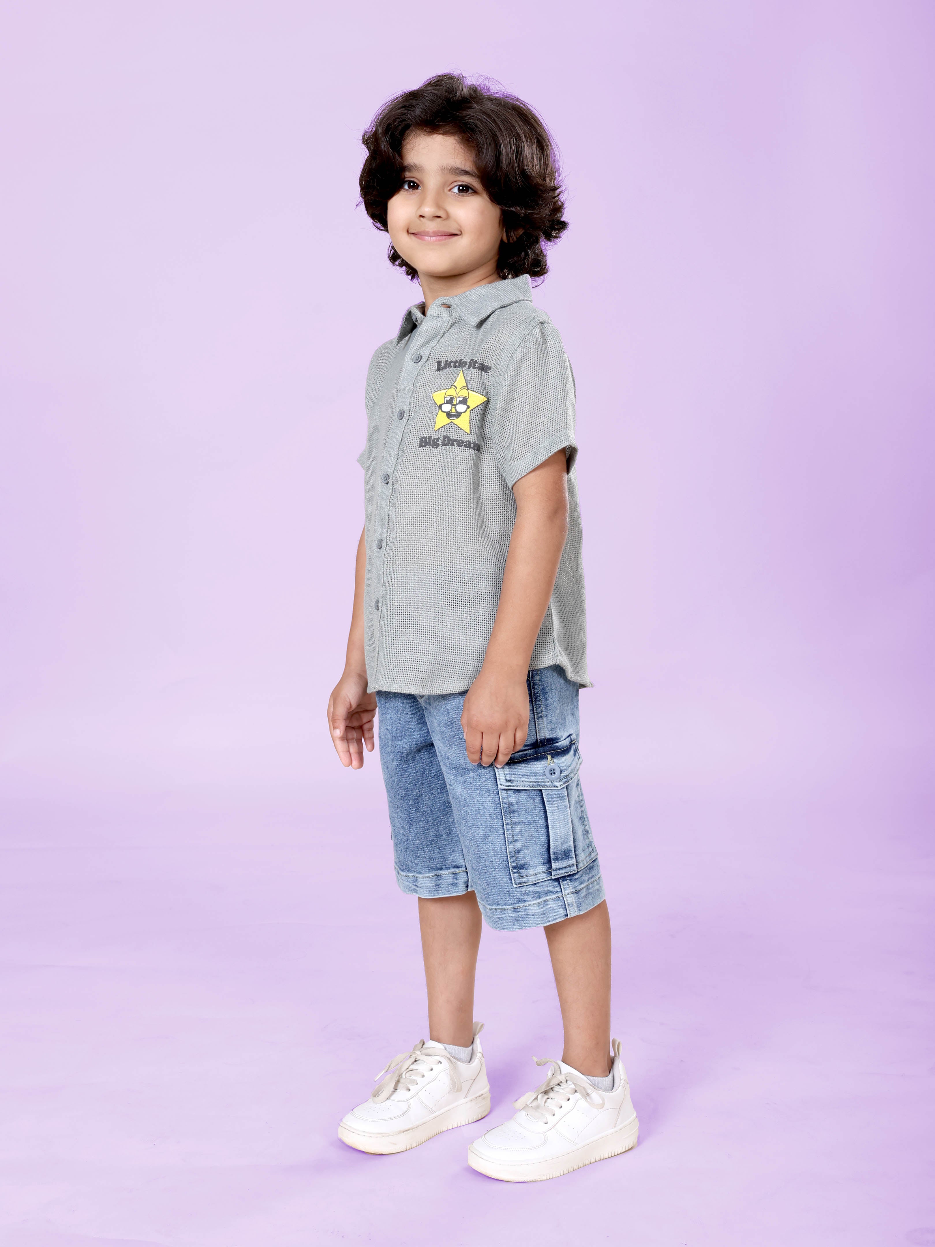 Boys Cotton Woven Half Sleeves Textured With Star Puff Printed Shirt With Denim Woven Cargo Shorts Set
