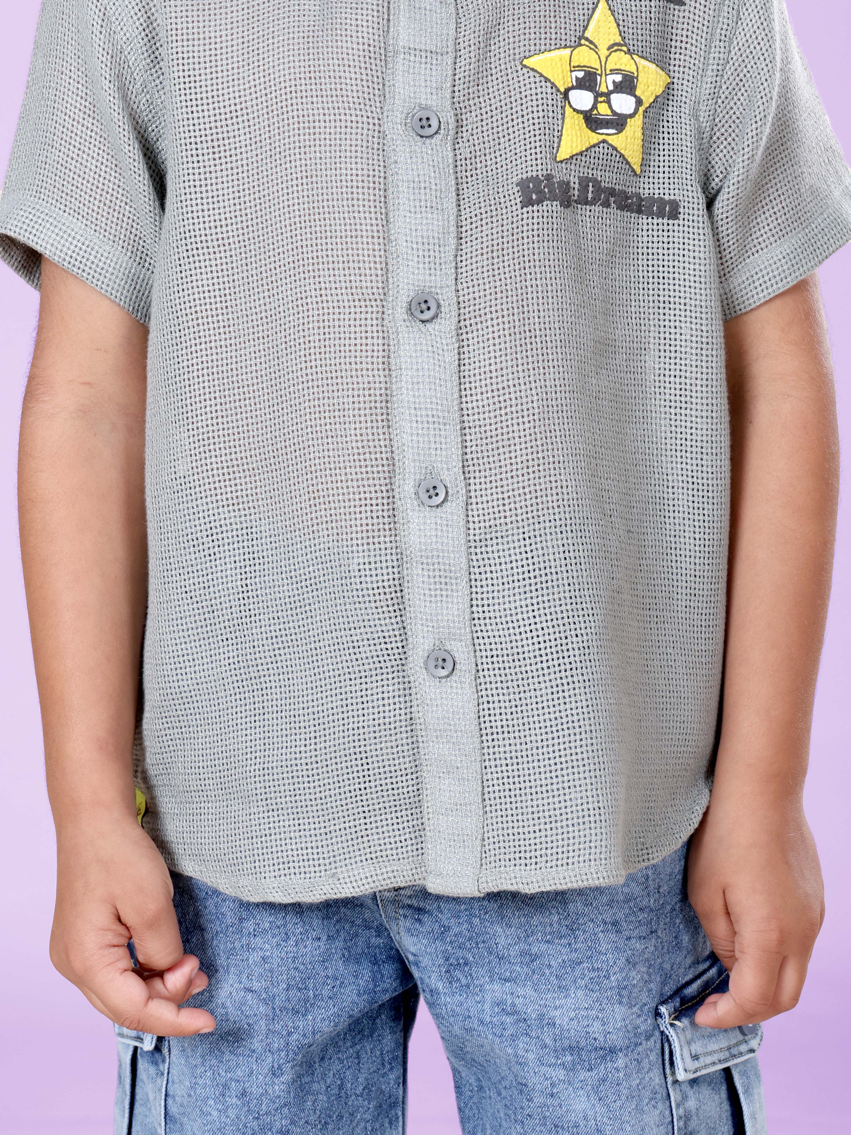 Boys Cotton Woven Half Sleeves Textured With Star Puff Printed Shirt With Denim Woven Cargo Shorts Set