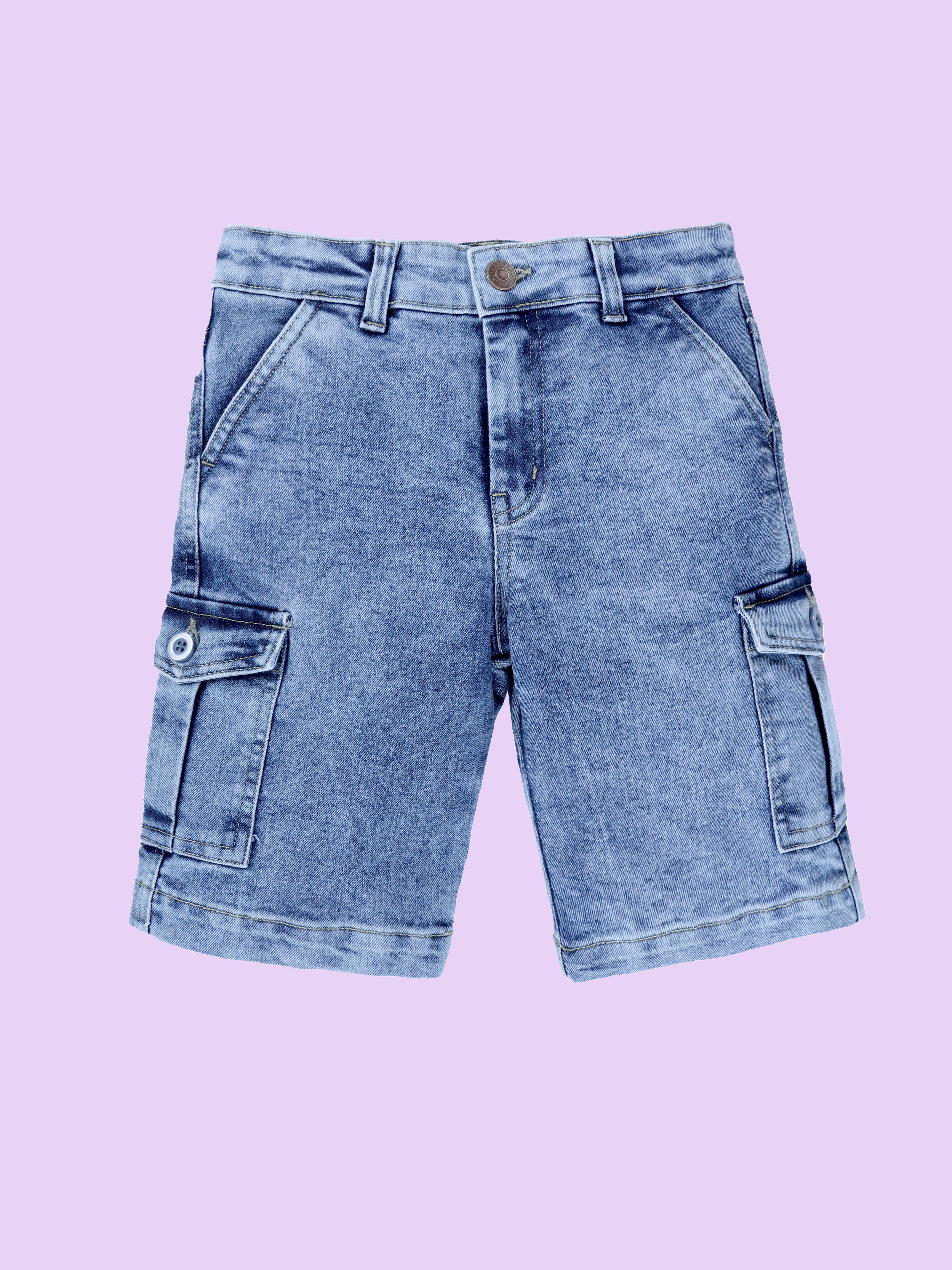 Boys Cotton Woven Half Sleeves Textured With Star Puff Printed Shirt With Denim Woven Cargo Shorts Set
