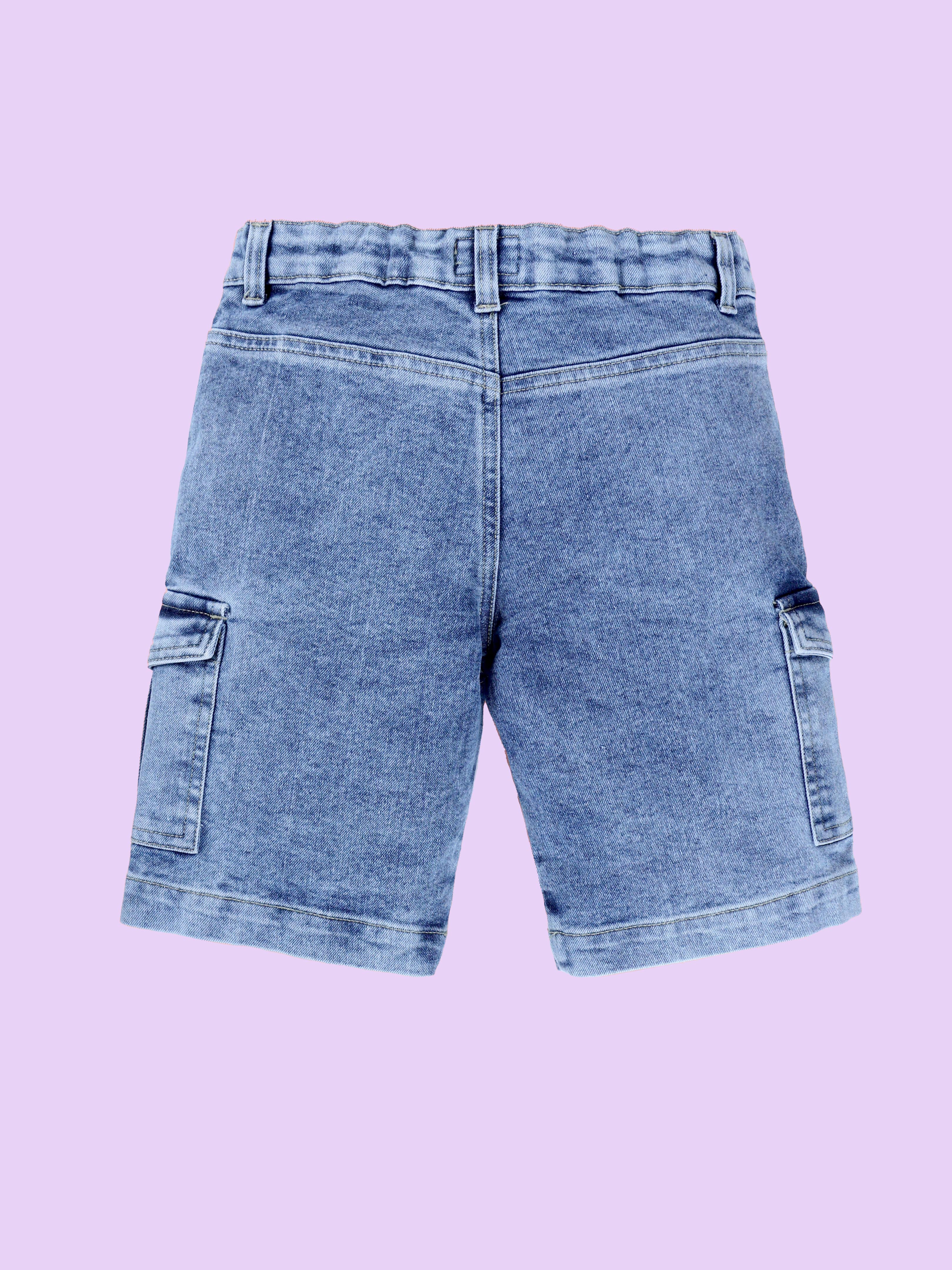 Boys Cotton Woven Half Sleeves Textured With Star Puff Printed Shirt With Denim Woven Cargo Shorts Set