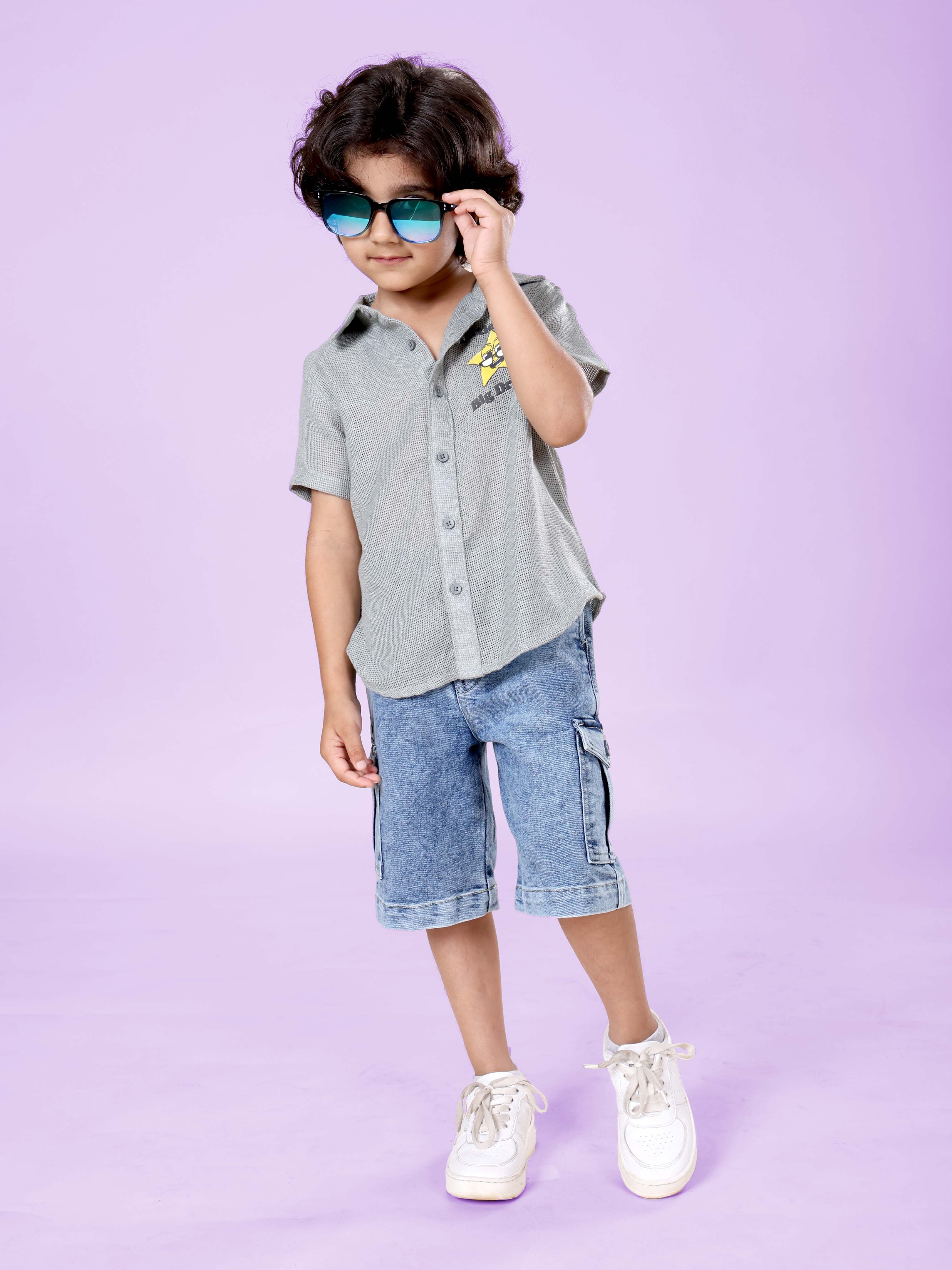 Boys Cotton Woven Half Sleeves Textured With Star Puff Printed Shirt With Denim Woven Cargo Shorts Set