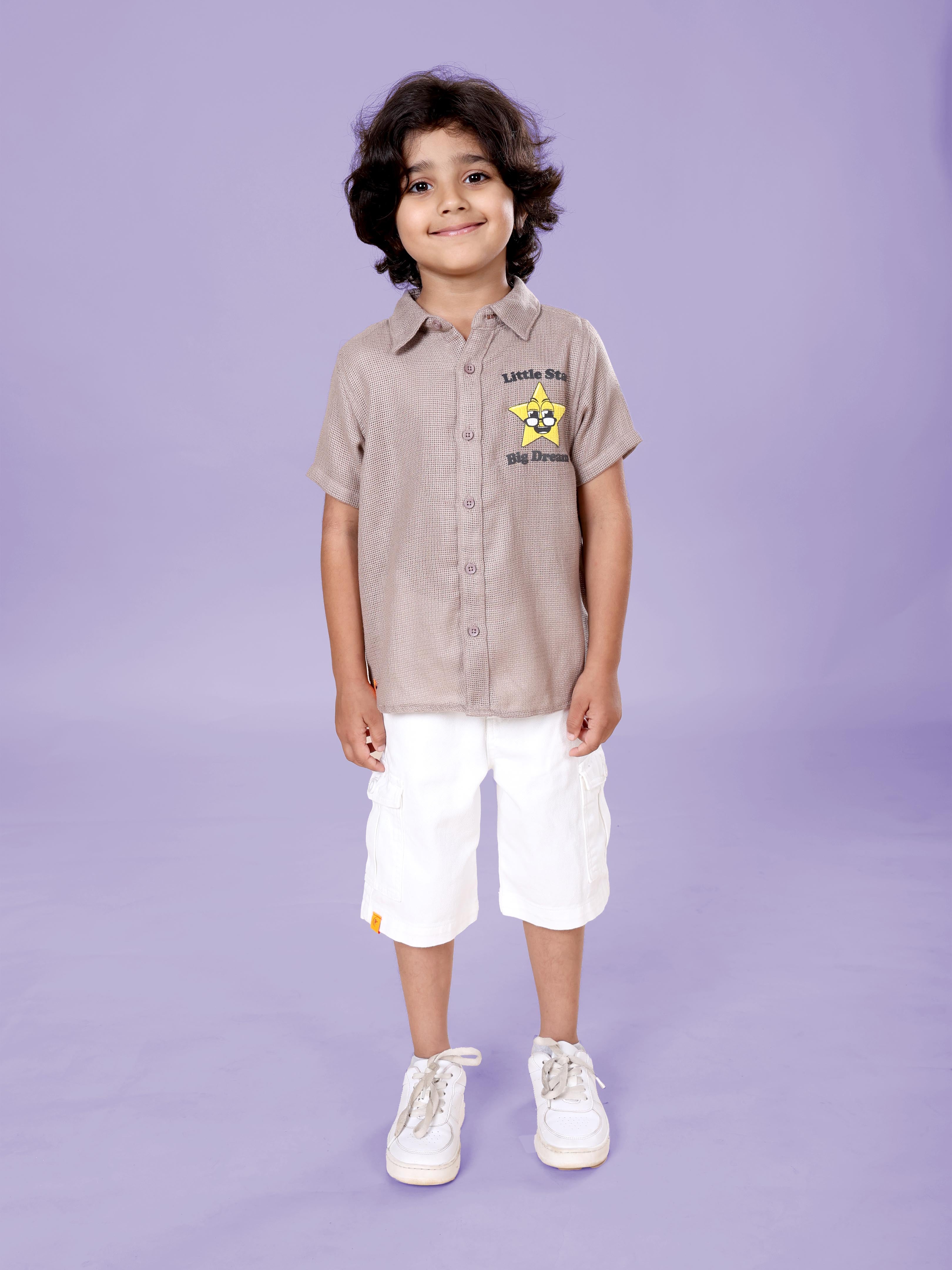 Boys Cotton Woven Half Sleeves Textured With Star Puff Printed Shirt With Denim Woven Cargo Shorts Set