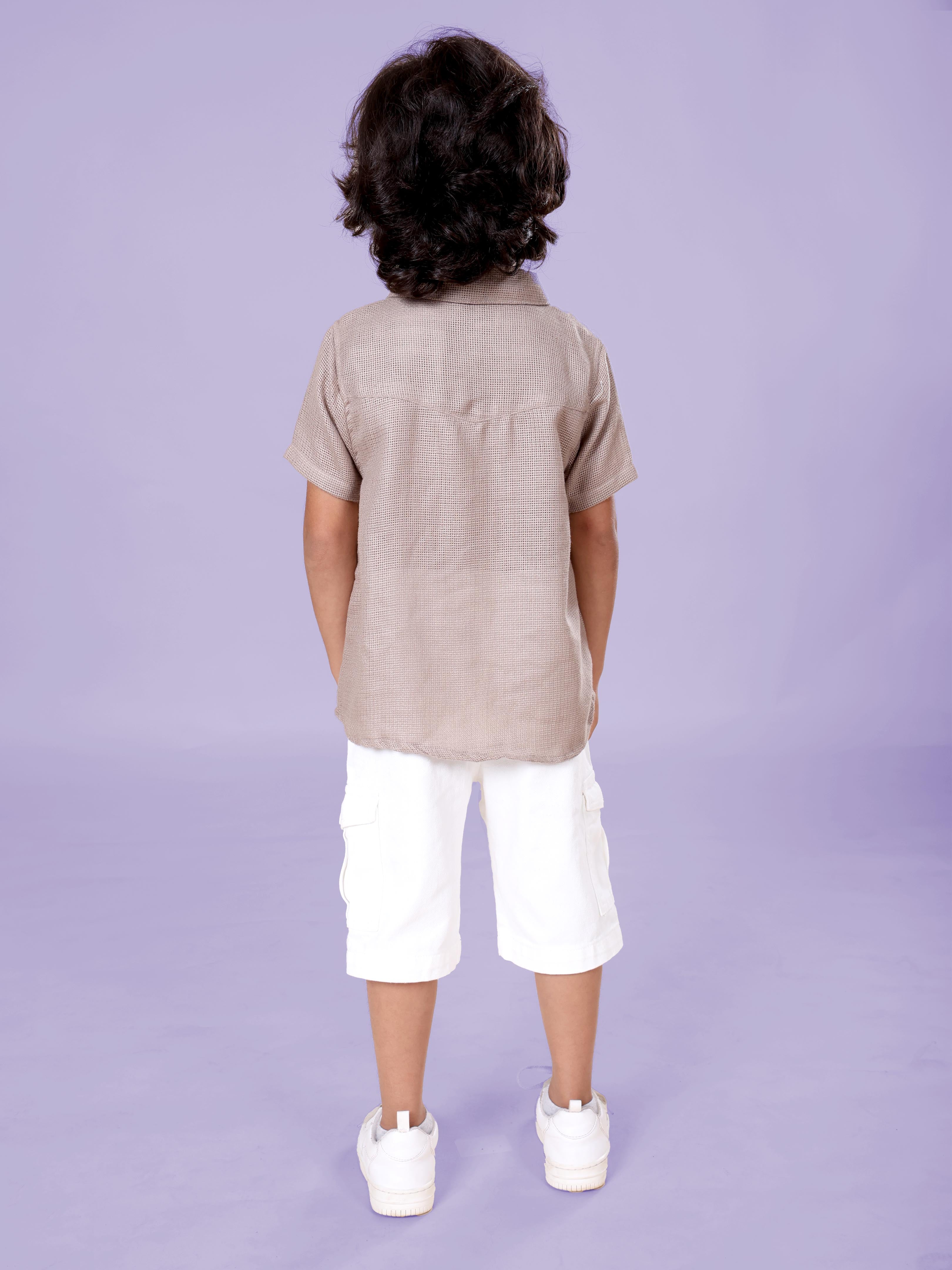 Boys Cotton Woven Half Sleeves Textured With Star Puff Printed Shirt With Denim Woven Cargo Shorts Set