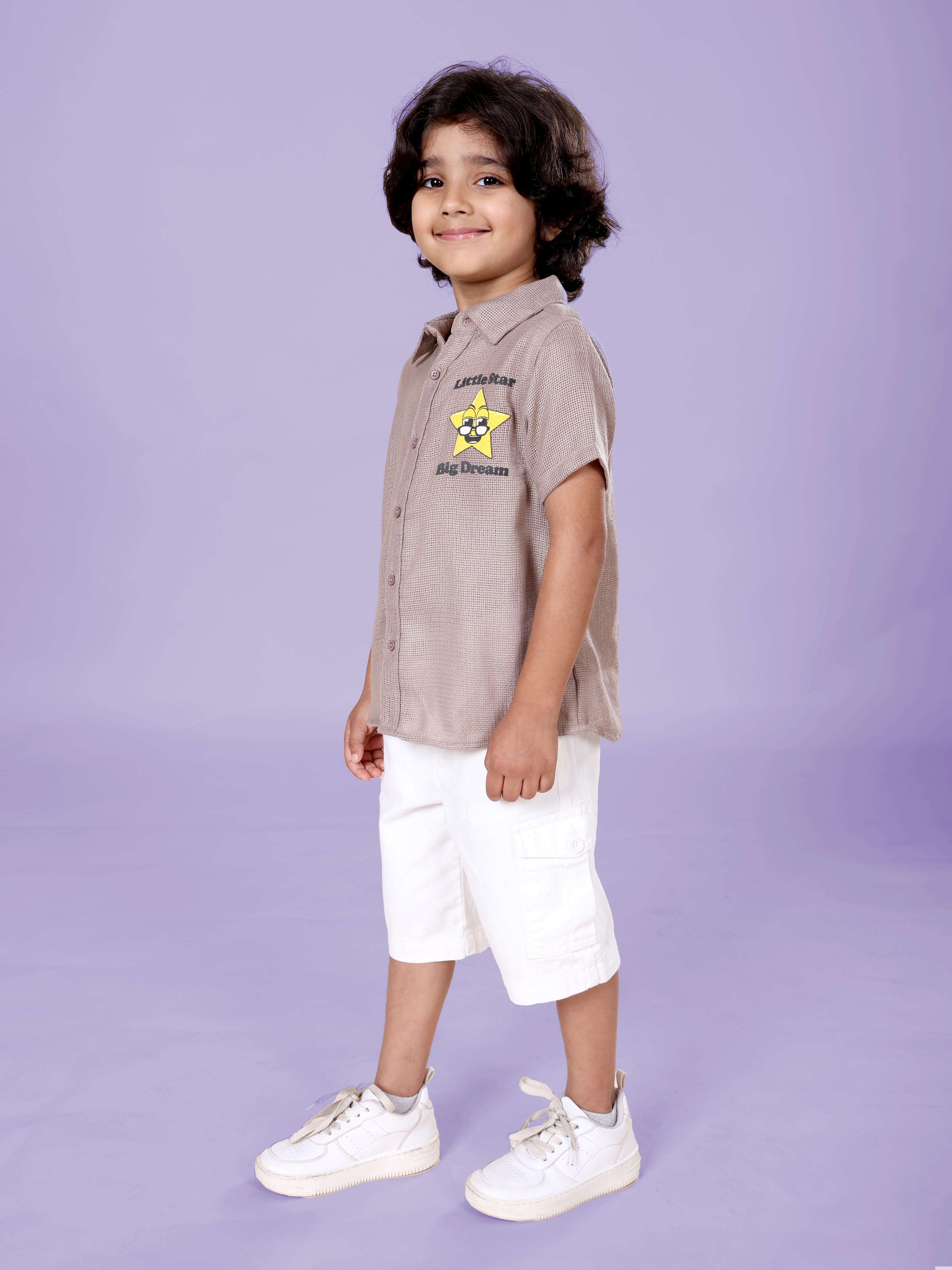 Boys Cotton Woven Half Sleeves Textured With Star Puff Printed Shirt With Denim Woven Cargo Shorts Set