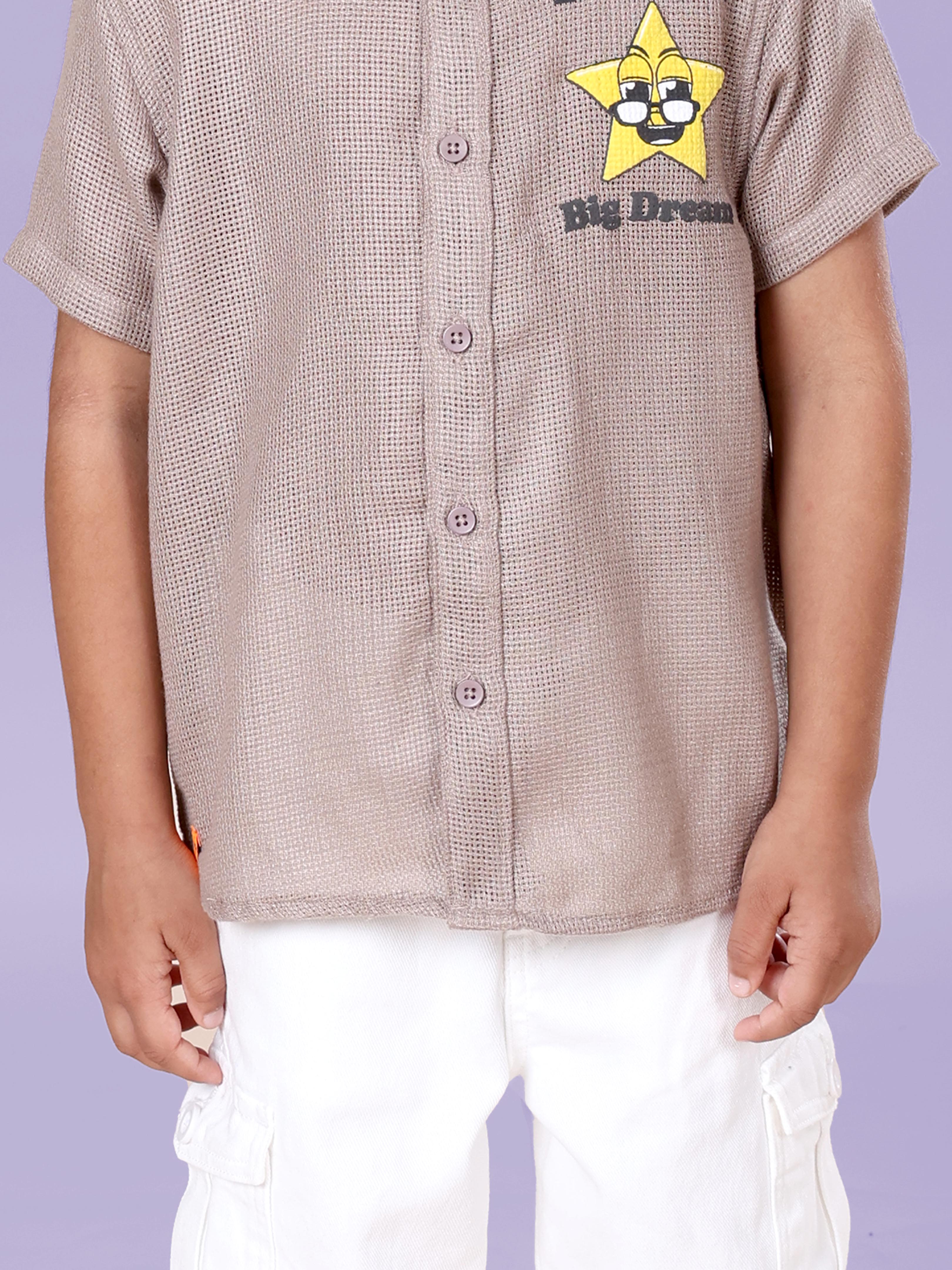 Boys Cotton Woven Half Sleeves Textured With Star Puff Printed Shirt With Denim Woven Cargo Shorts Set