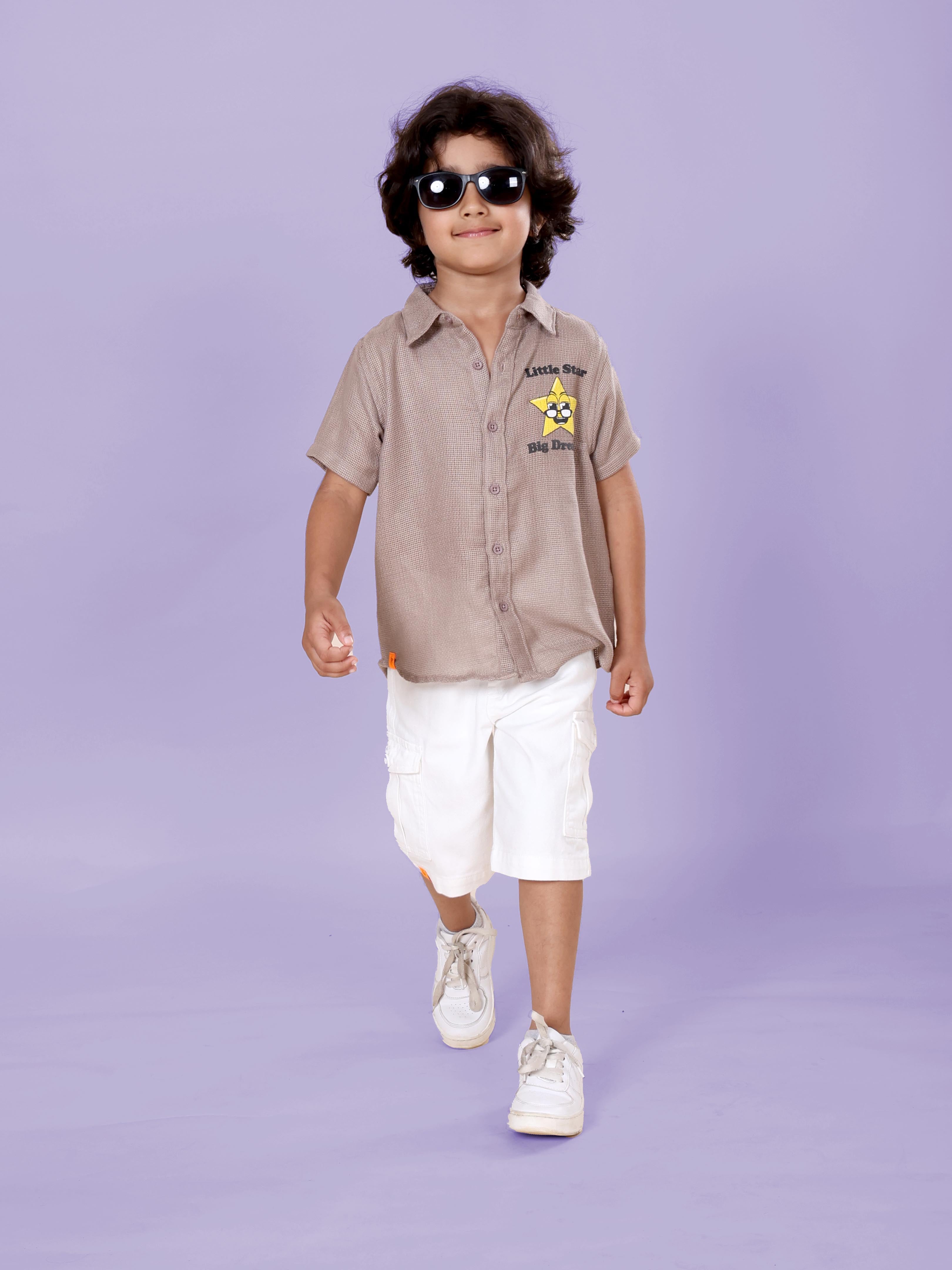 Boys Cotton Woven Half Sleeves Textured With Star Puff Printed Shirt With Denim Woven Cargo Shorts Set