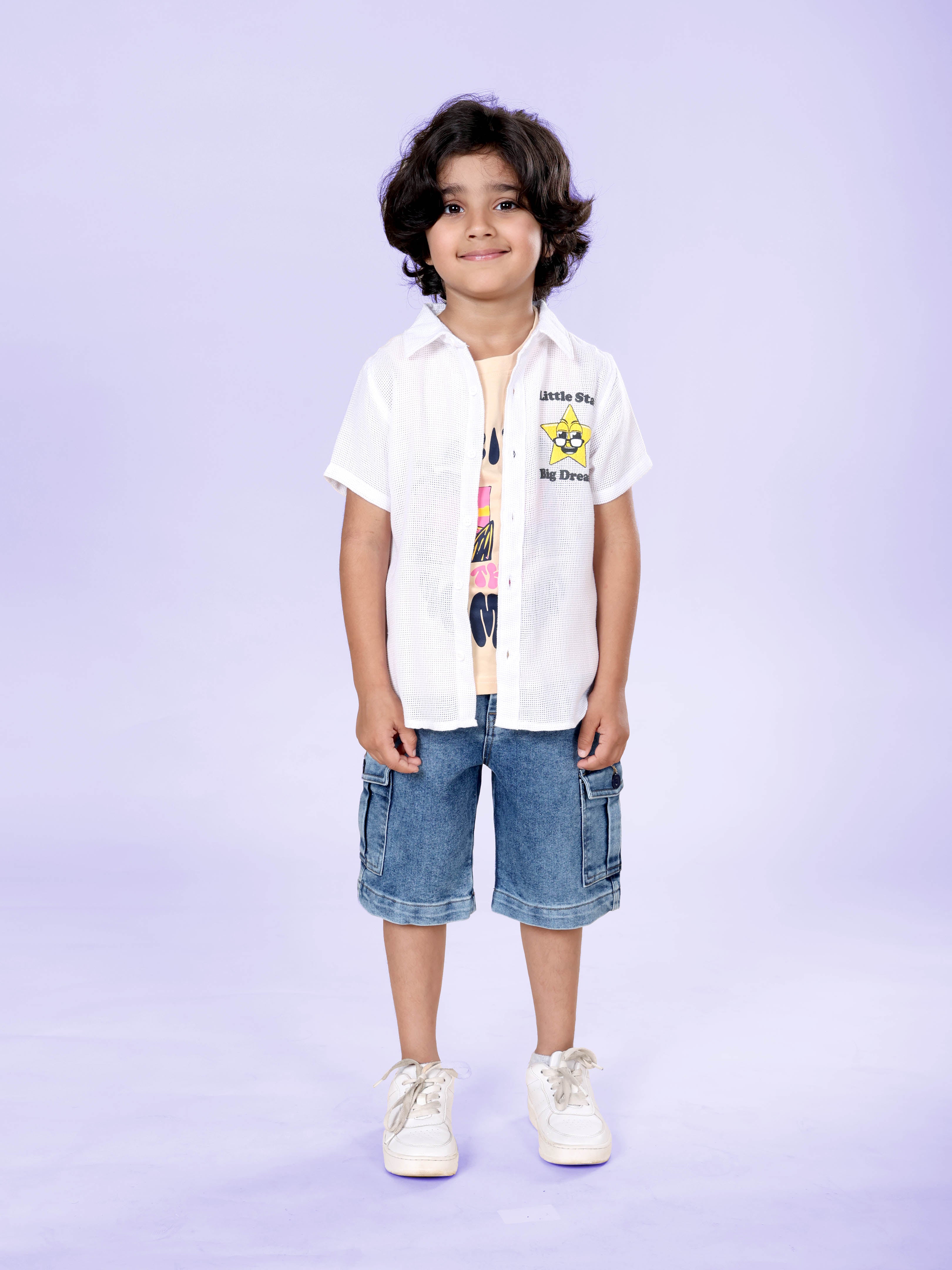 Boys Cotton Woven Half Sleeves Textured With Star Puff Printed Shirt And Sleeveless Beach Theme Printed Tee With Denim Woven Cargo Shorts Set