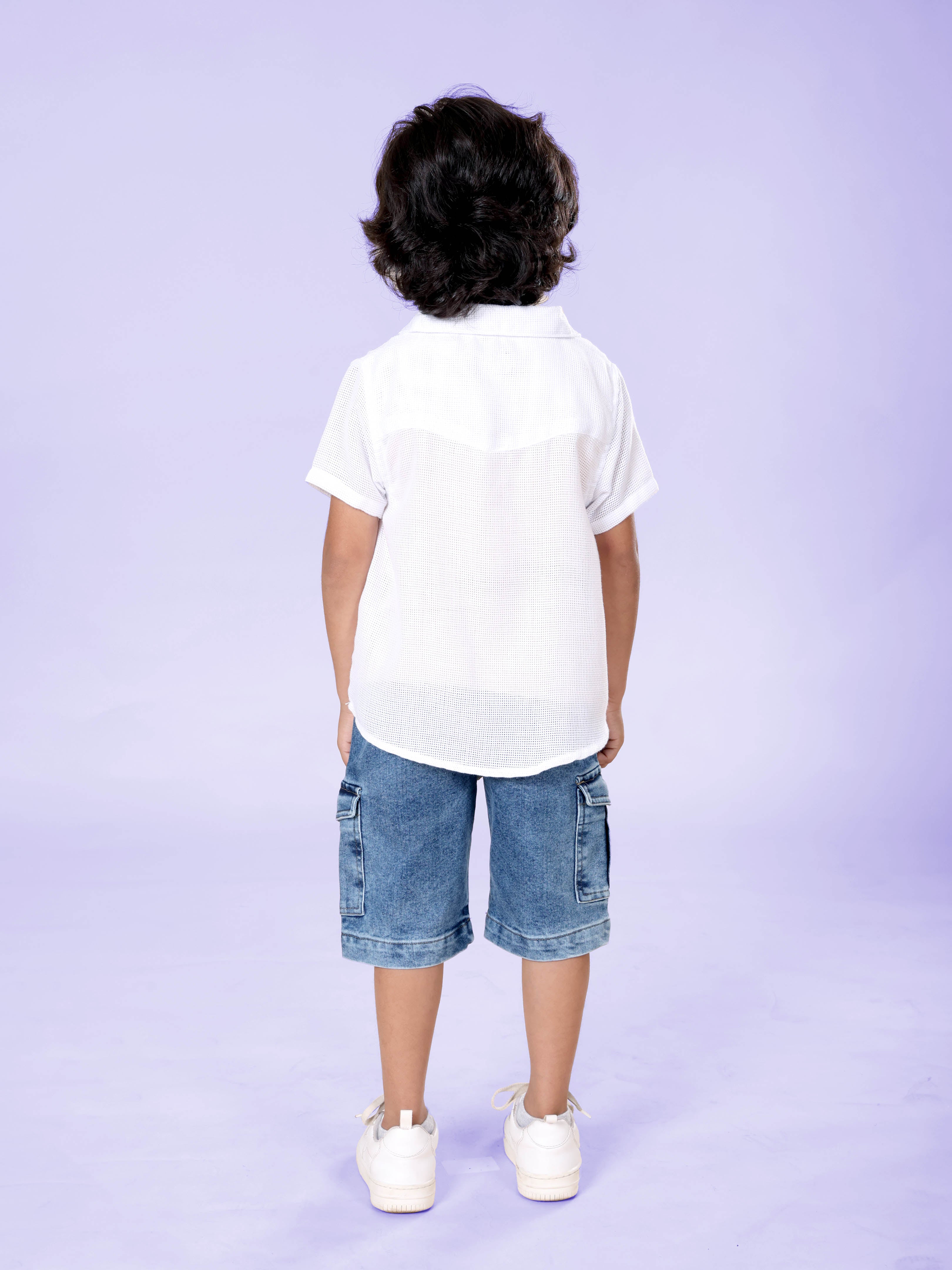 Boys Cotton Woven Half Sleeves Textured With Star Puff Printed Shirt And Sleeveless Beach Theme Printed Tee With Denim Woven Cargo Shorts Set