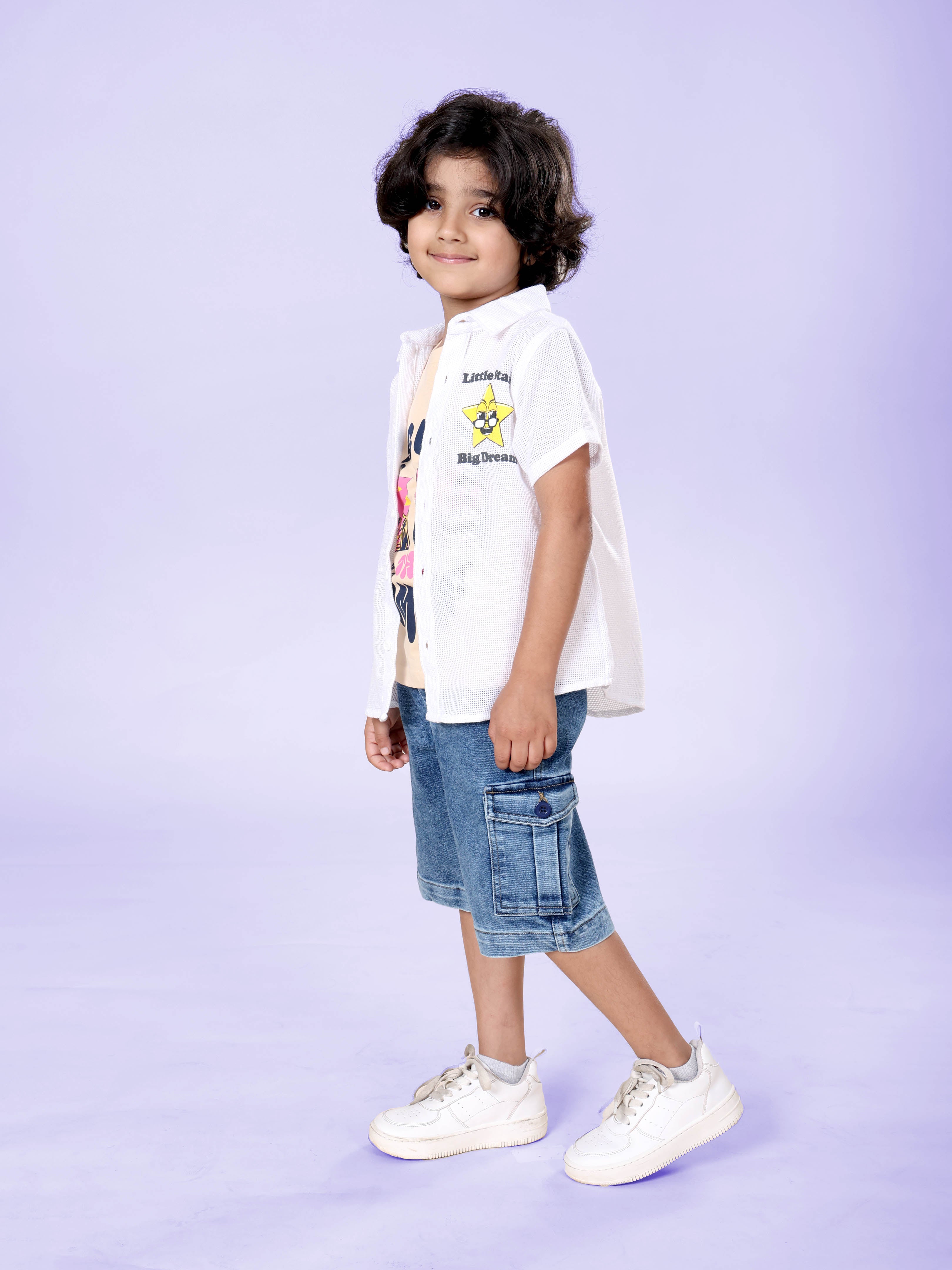 Boys Cotton Woven Half Sleeves Textured With Star Puff Printed Shirt And Sleeveless Beach Theme Printed Tee With Denim Woven Cargo Shorts Set