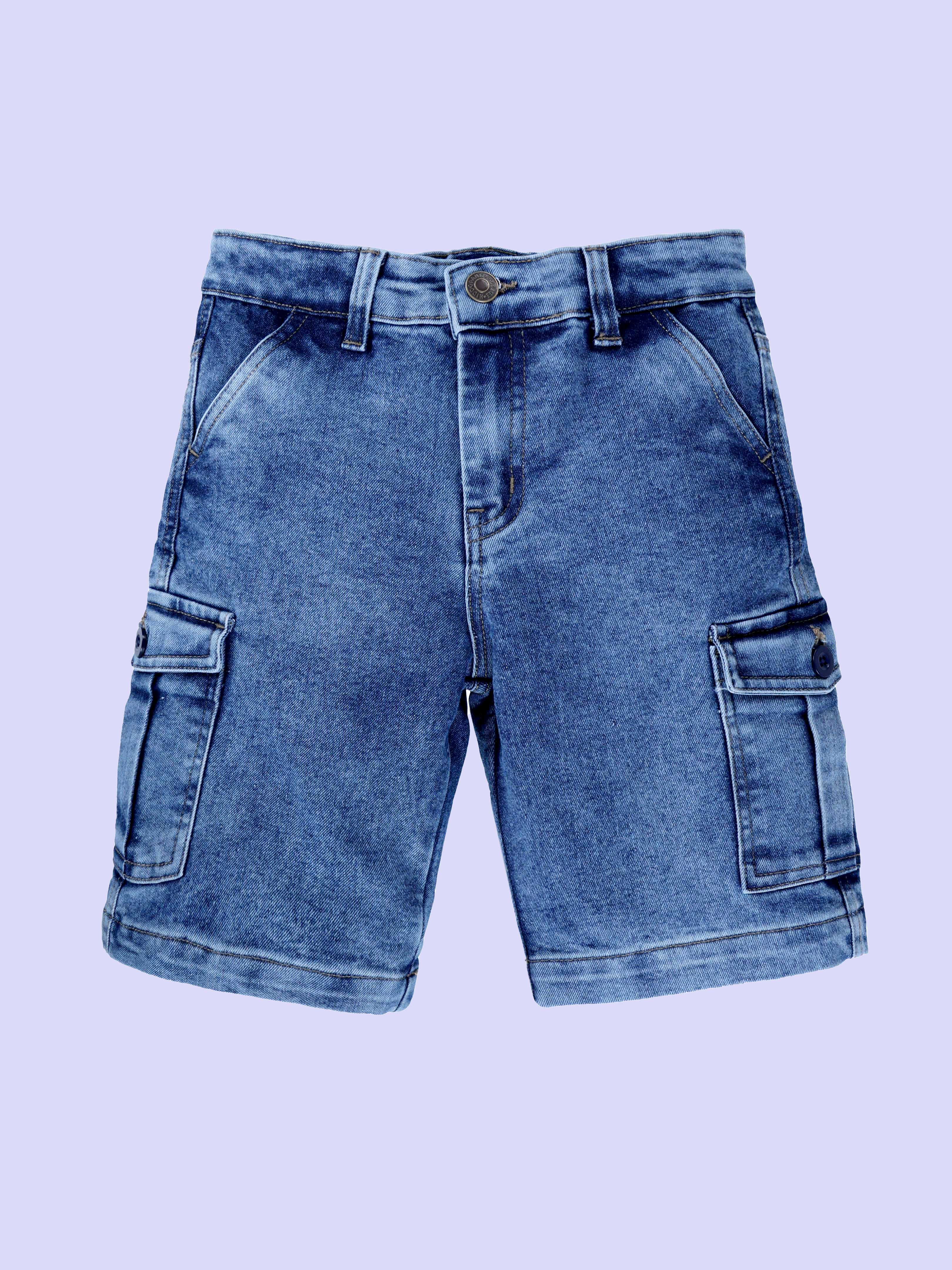 Boys Cotton Woven Half Sleeves Textured With Star Puff Printed Shirt And Sleeveless Beach Theme Printed Tee With Denim Woven Cargo Shorts Set