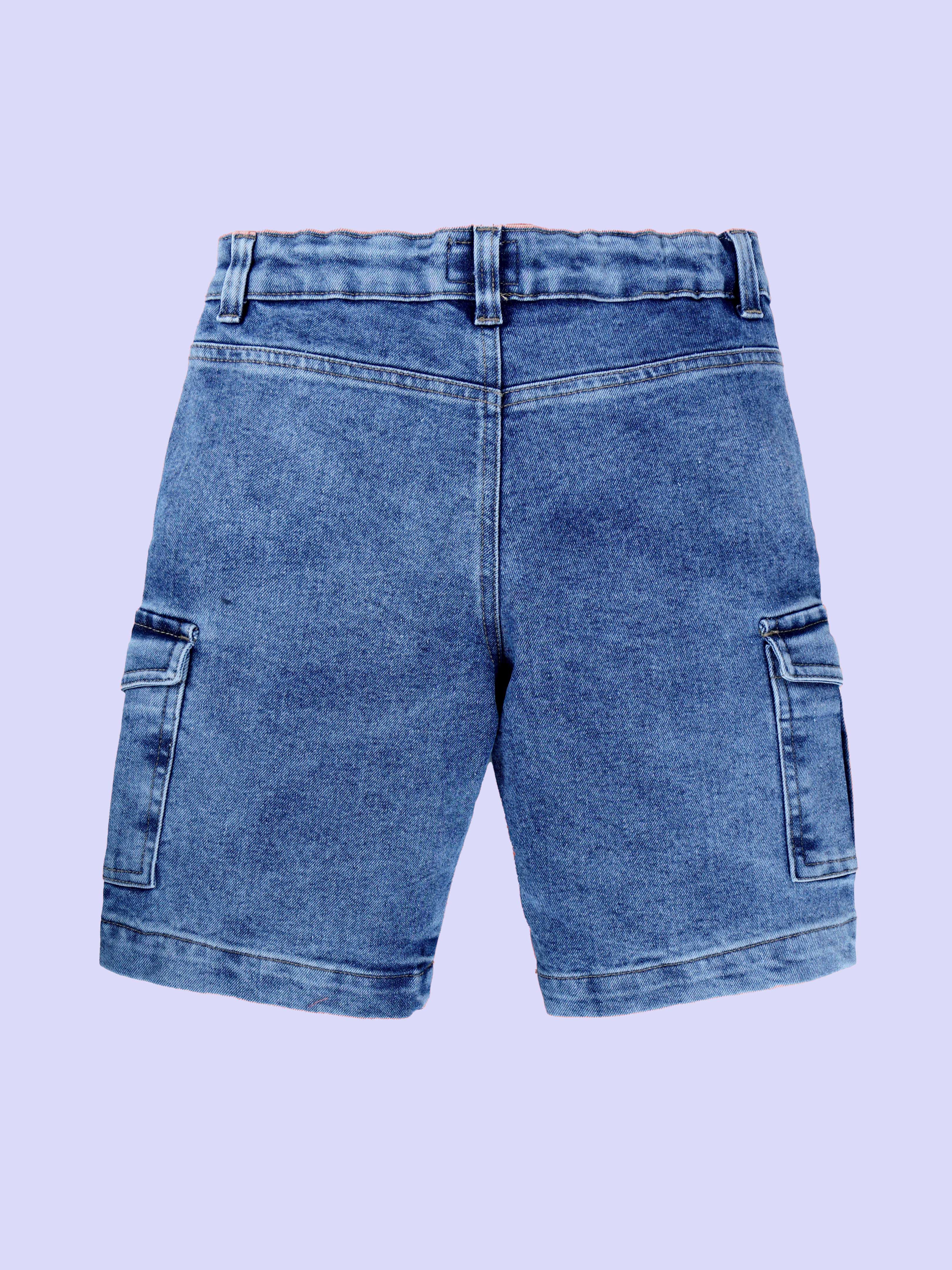 Boys Cotton Woven Half Sleeves Textured With Star Puff Printed Shirt And Sleeveless Beach Theme Printed Tee With Denim Woven Cargo Shorts Set