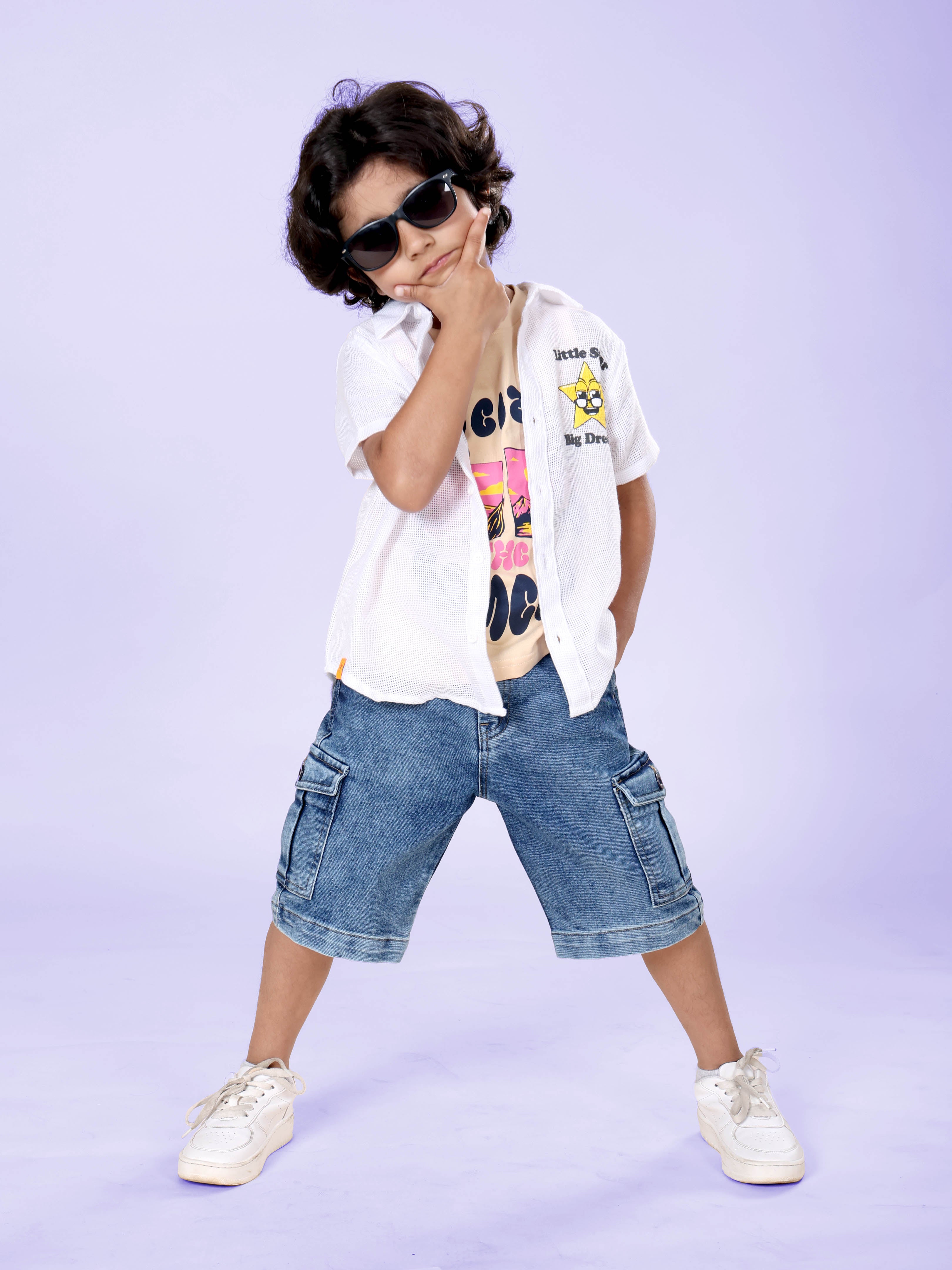 Boys Cotton Woven Half Sleeves Textured With Star Puff Printed Shirt And Sleeveless Beach Theme Printed Tee With Denim Woven Cargo Shorts Set