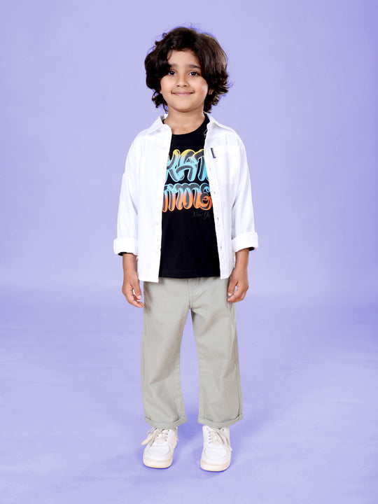 Boys Cotton Full Sleeves Solid Shirt With Full Sleeves Skate Time New York Printed Tee And Cotton Woven Chinos Pant Set